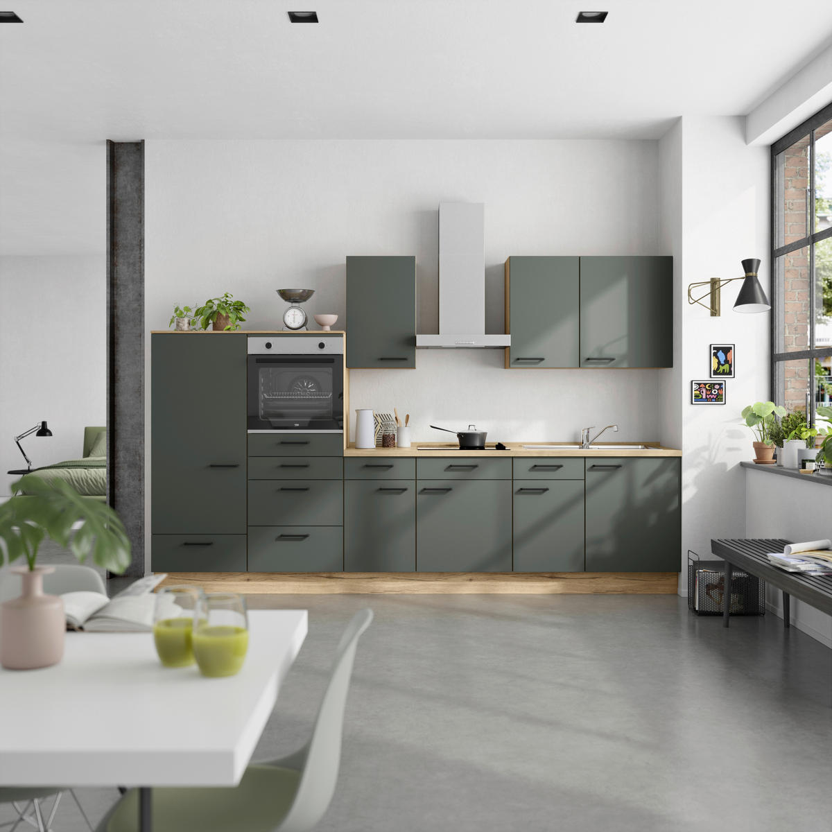 KÜCHENBLOCK 330 cm   in Eichefarben, Dunkelgrün  - Dunkelgrün/Eichefarben, MODERN, Holzwerkstoff/Metall (330cm) - Nobilia