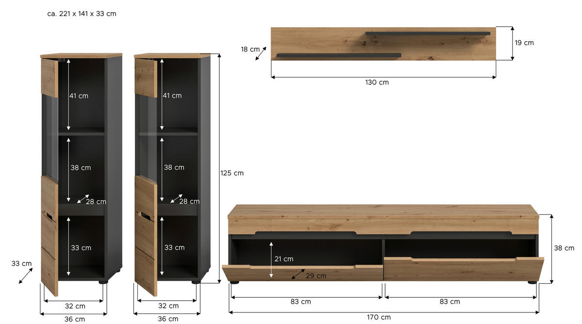 WOHNWAND 3-teilig  in Eiche Artisan  272/141/33 cm  - Schwarz/Eiche Artisan, Design, Holzwerkstoff/Kunststoff (272/141/33cm) - Livetastic