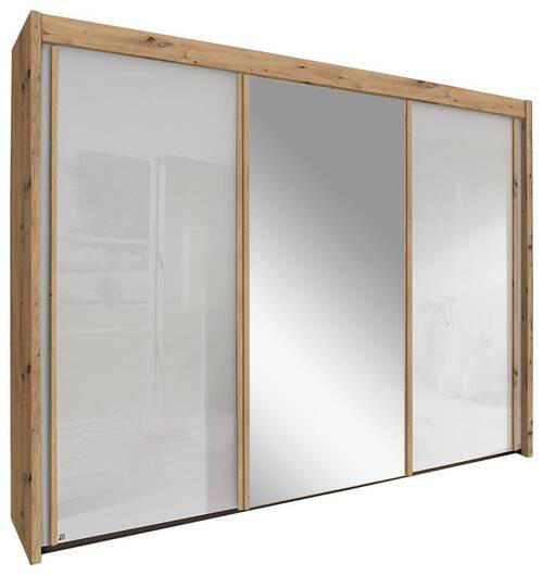 SCHWEBETÜRENSCHRANK 225/197/65 cm 3-türig - Eiche Artisan/Weiß, Basics, Glas/Holzwerkstoff (225/197/65cm) - Cantus