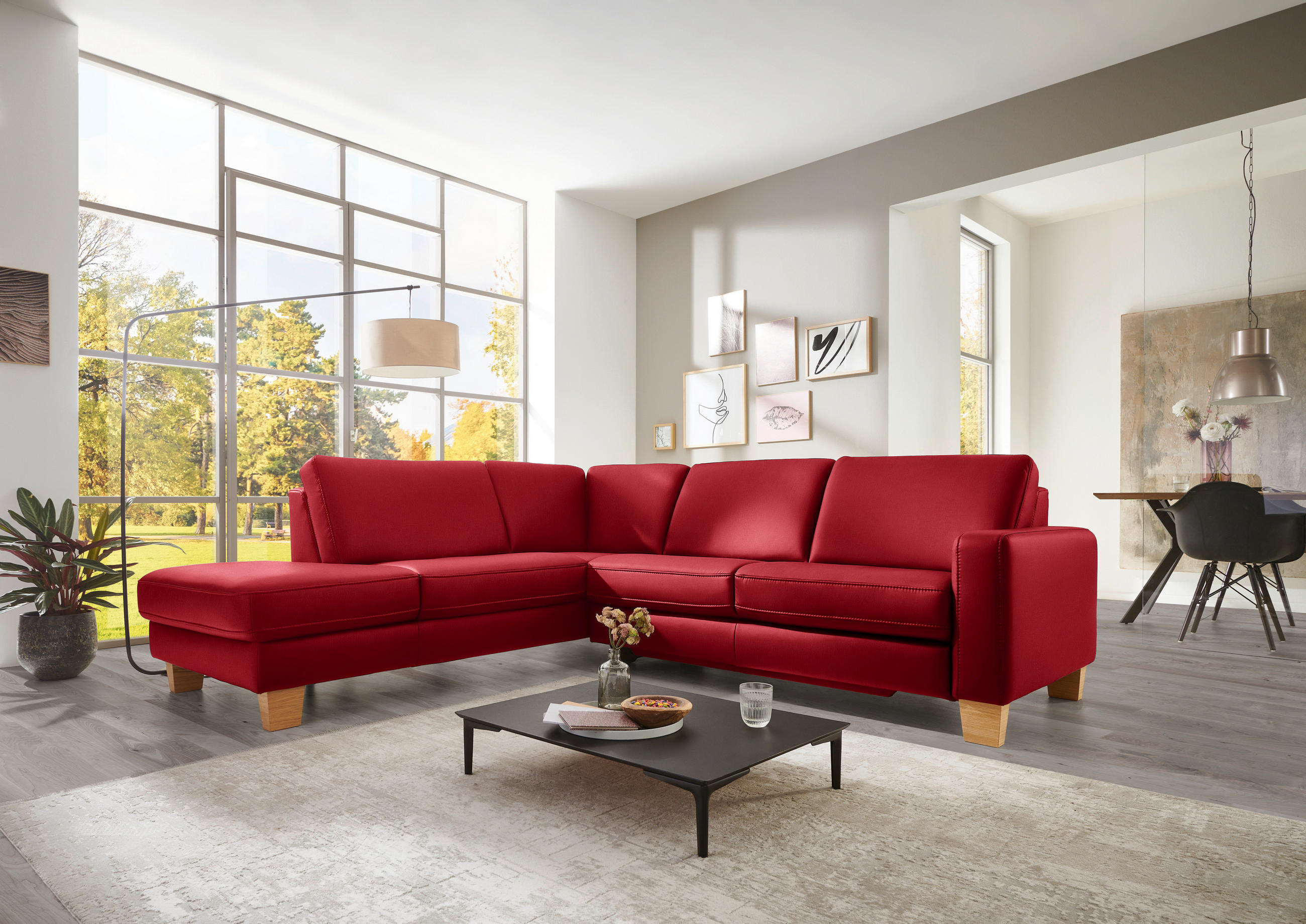 ECKSOFA in Echtleder Rot  - Eiche Bianco/Rot, Konventionell, Leder/Holz (235/257cm) - Valdera