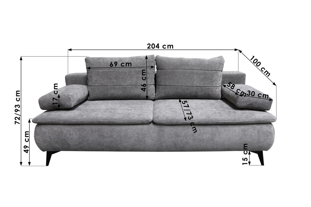 BOXSPRINGSOFA  mit Stoffauswahl, Schlafen auf Sitzhöhe, Liegefunktion, Rücken echt Flachgewebe Grau  - Schwarz/Grau, Design, Textil/Metall (204/93/100cm) - Novel