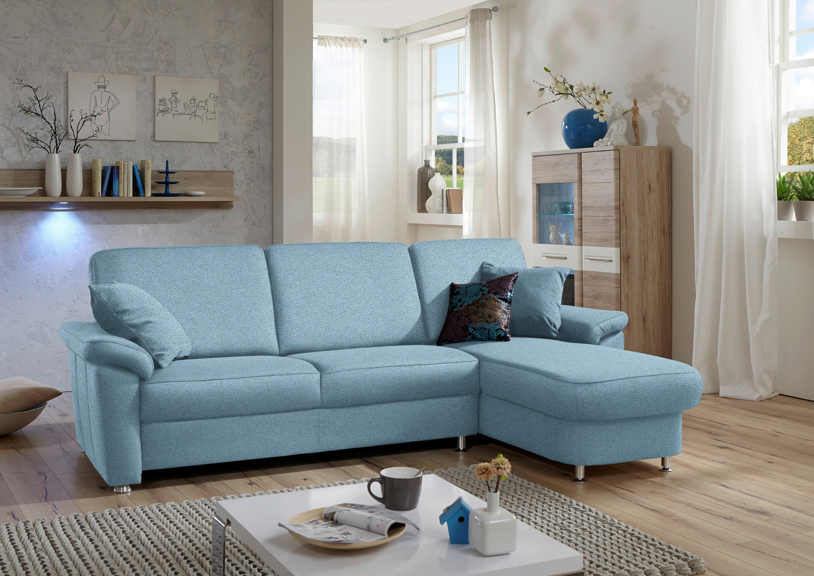 ECKSOFA in Flachgewebe Hellblau  - Chromfarben/Hellblau, Konventionell, Textil/Metall (250/163cm) - Beldomo System