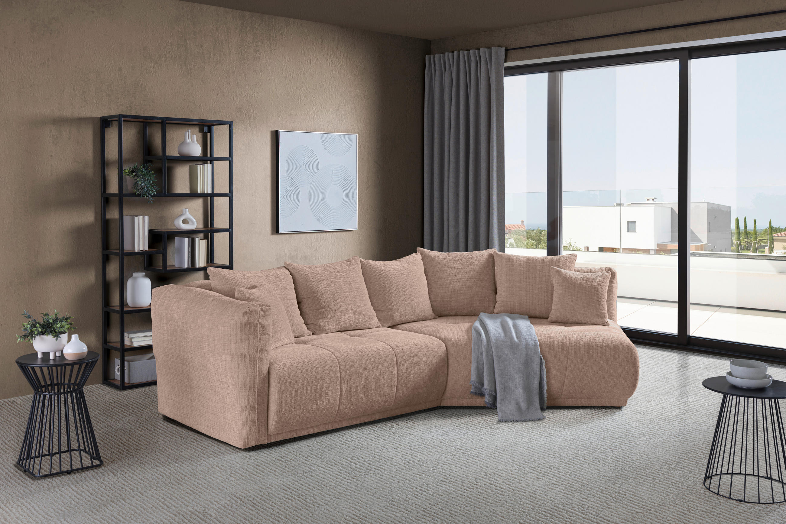 ECKSOFA in Chenille Beige  - Beige/Schwarz, Modern, Kunststoff/Textil (315/180cm) - Hom`in