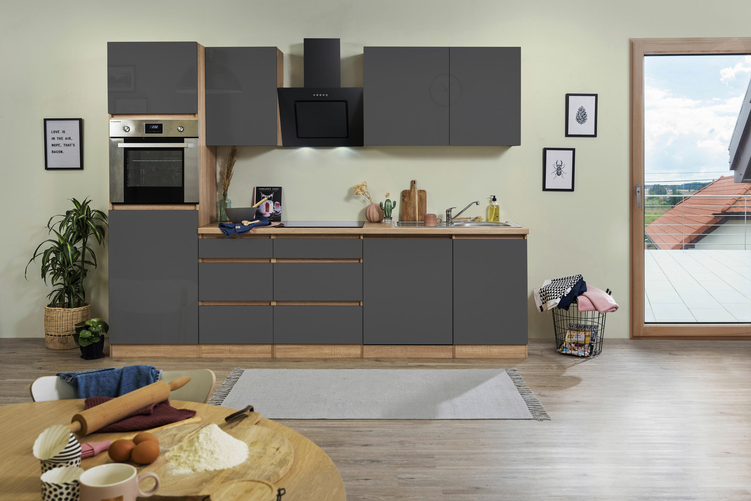 KÜCHENBLOCK 280 cm   in Eichefarben  - Eichefarben/Grau, MODERN, Holzwerkstoff (280cm) - Respekta