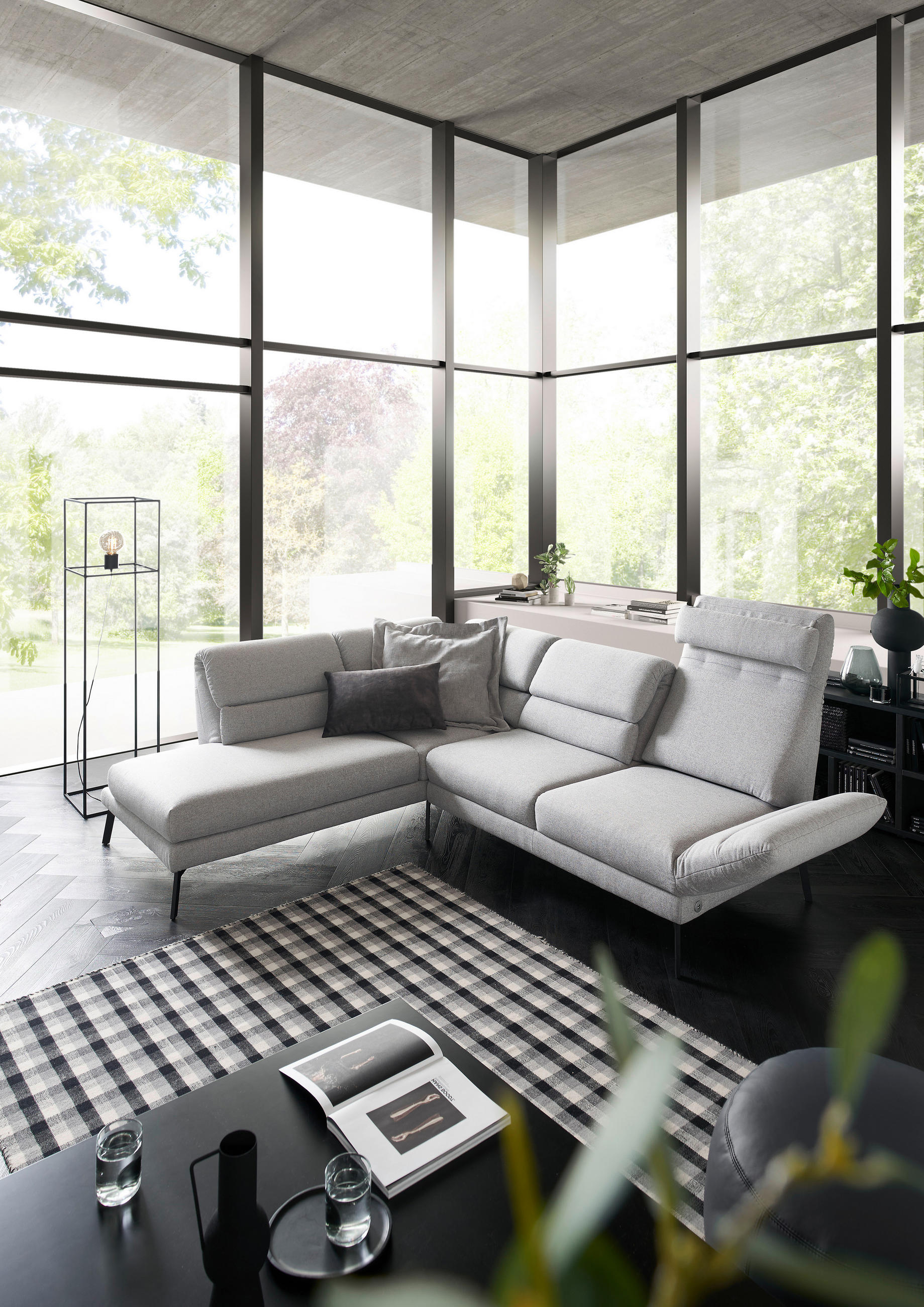 ECKSOFA Hellgrau Flachgewebe - Hellgrau/Schwarz, Design, Textil/Metall (212-253/253-321cm) - Dieter Knoll