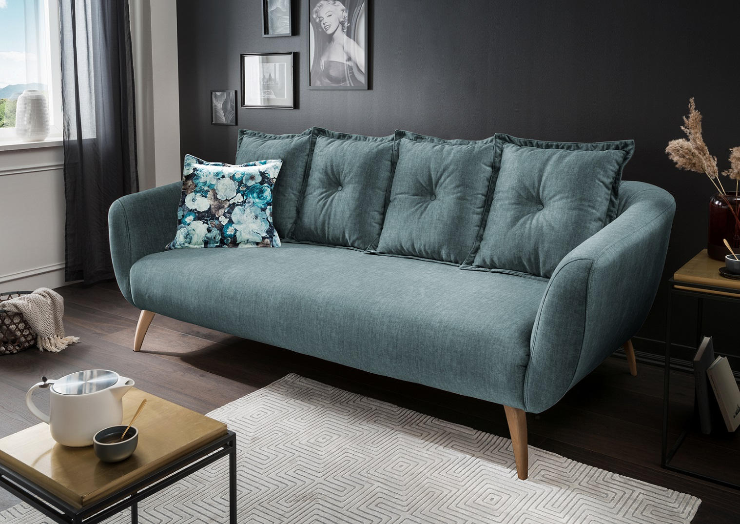 3-SITZER-SOFA Velours Blau, Multicolor - Blau/Buchefarben, MODERN, Holz/Textil (236/94/103cm) - Livetastic