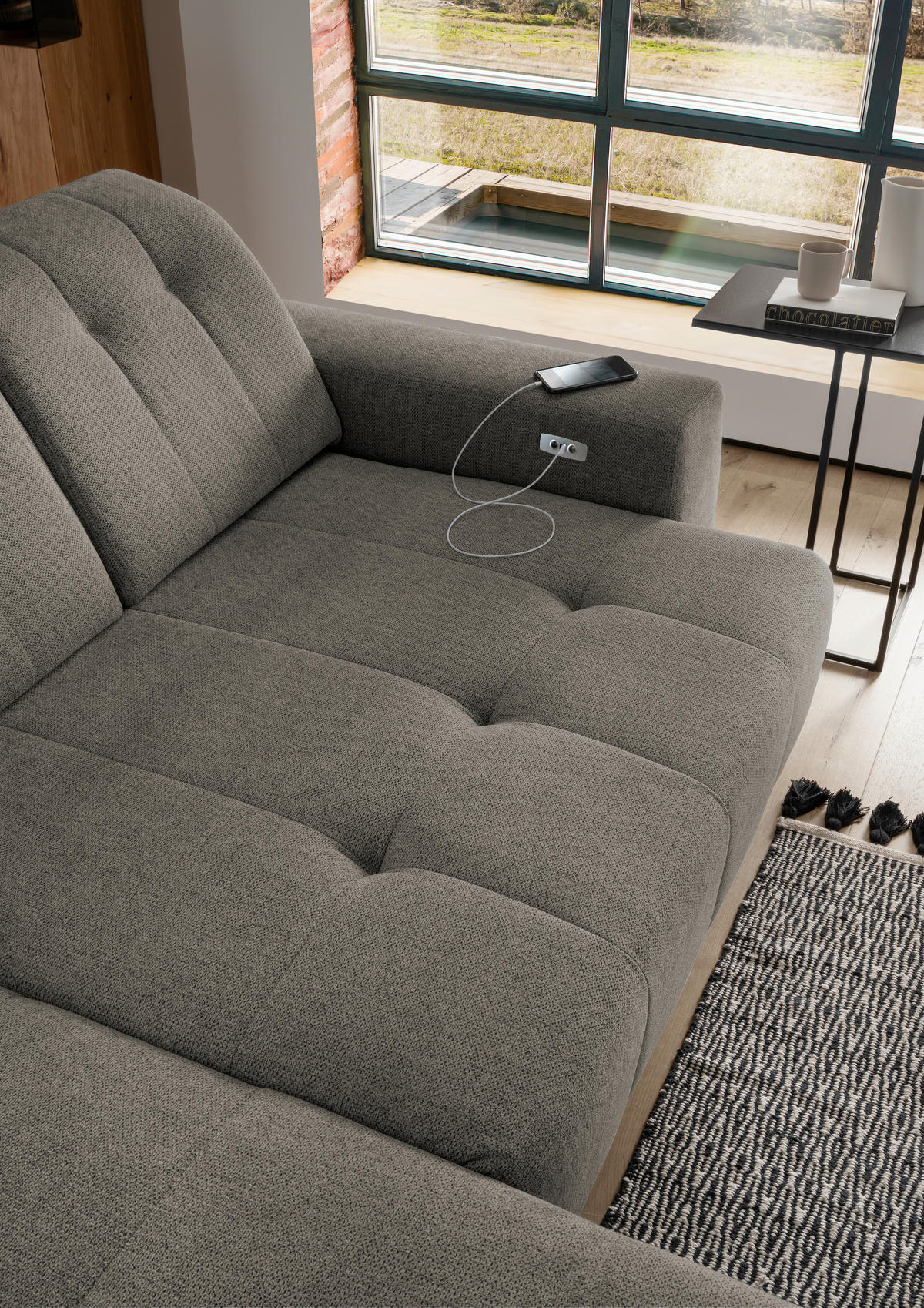 ECKSOFA in Chenille Graubraun  - Graubraun/Schwarz, Modern, Textil/Metall (180/258cm) - Livetastic