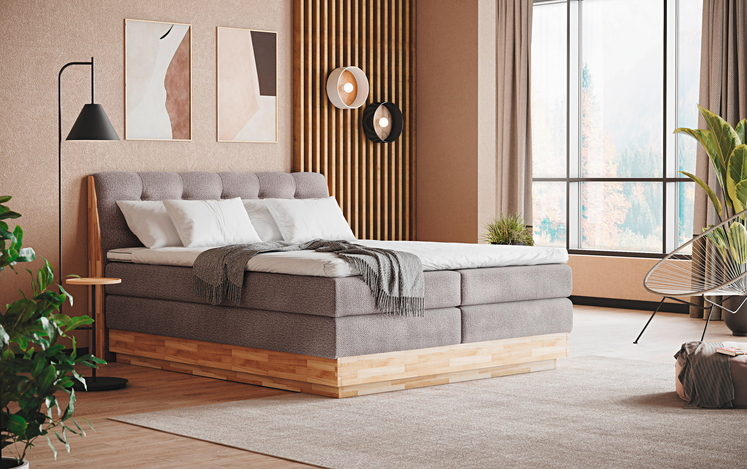 BOXSPRINGBETT 200/200 cm,  in Beige, gepolstertes Kopfteil, Bettkasten, Topper, Matratzen, H3 + H3 = fest  - Beige/Schwarz, Natur, Holz/Textil (200/200cm)