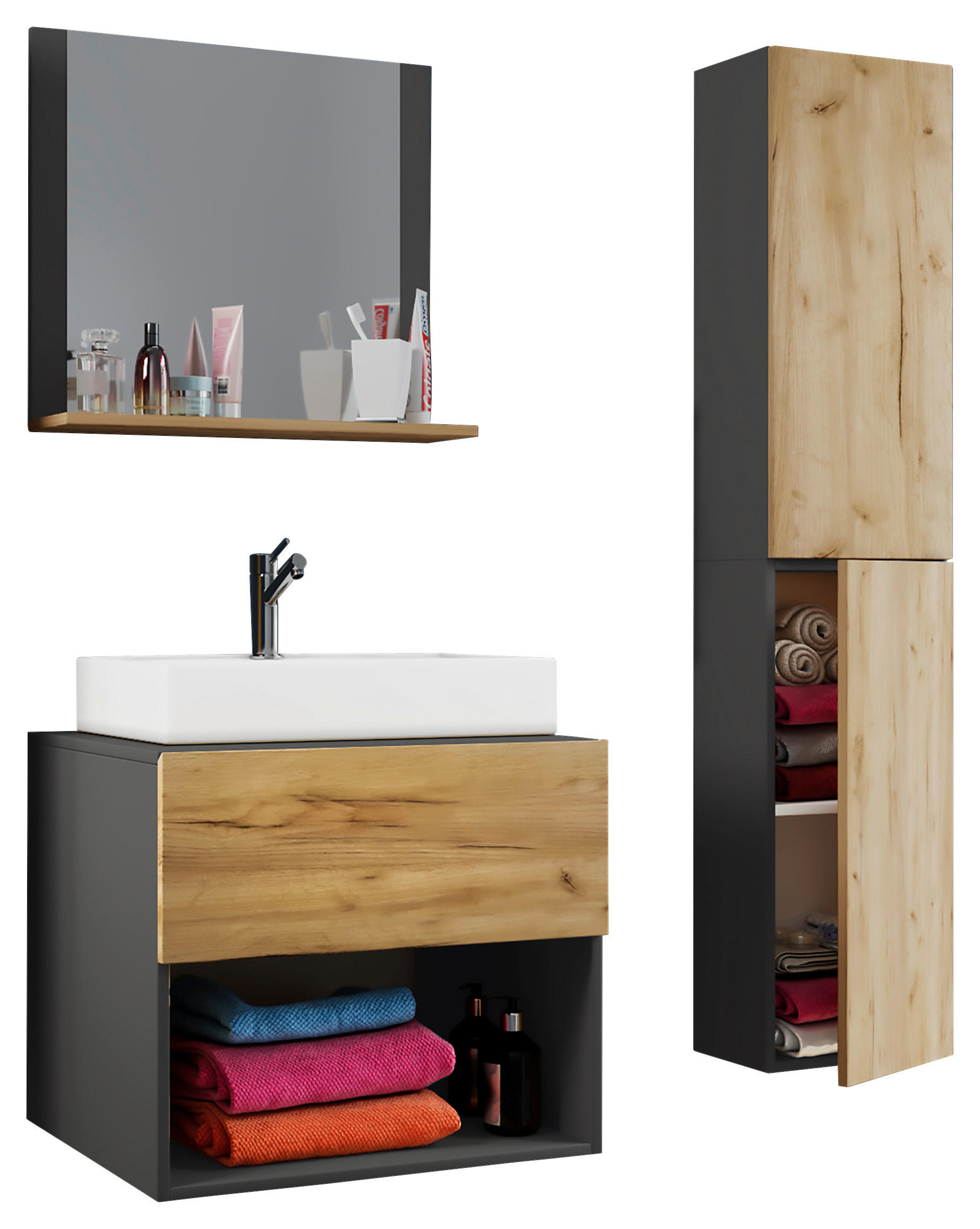 BADEZIMMER 4-teilig  in 94 cm  - Honigeiche/Anthrazit, MODERN, Keramik/Holzwerkstoff (94cm) - MID.YOU