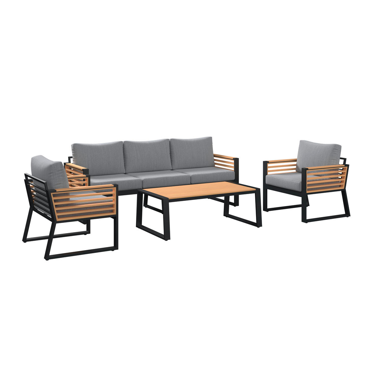 LOUNGEGARNITUR 4-teilig   207/76/85 cm Teakholz Aluminium  - Schwarz/Teakfarben, MODERN, Holz/Textil (207/76/85cm) - Ambia Garden