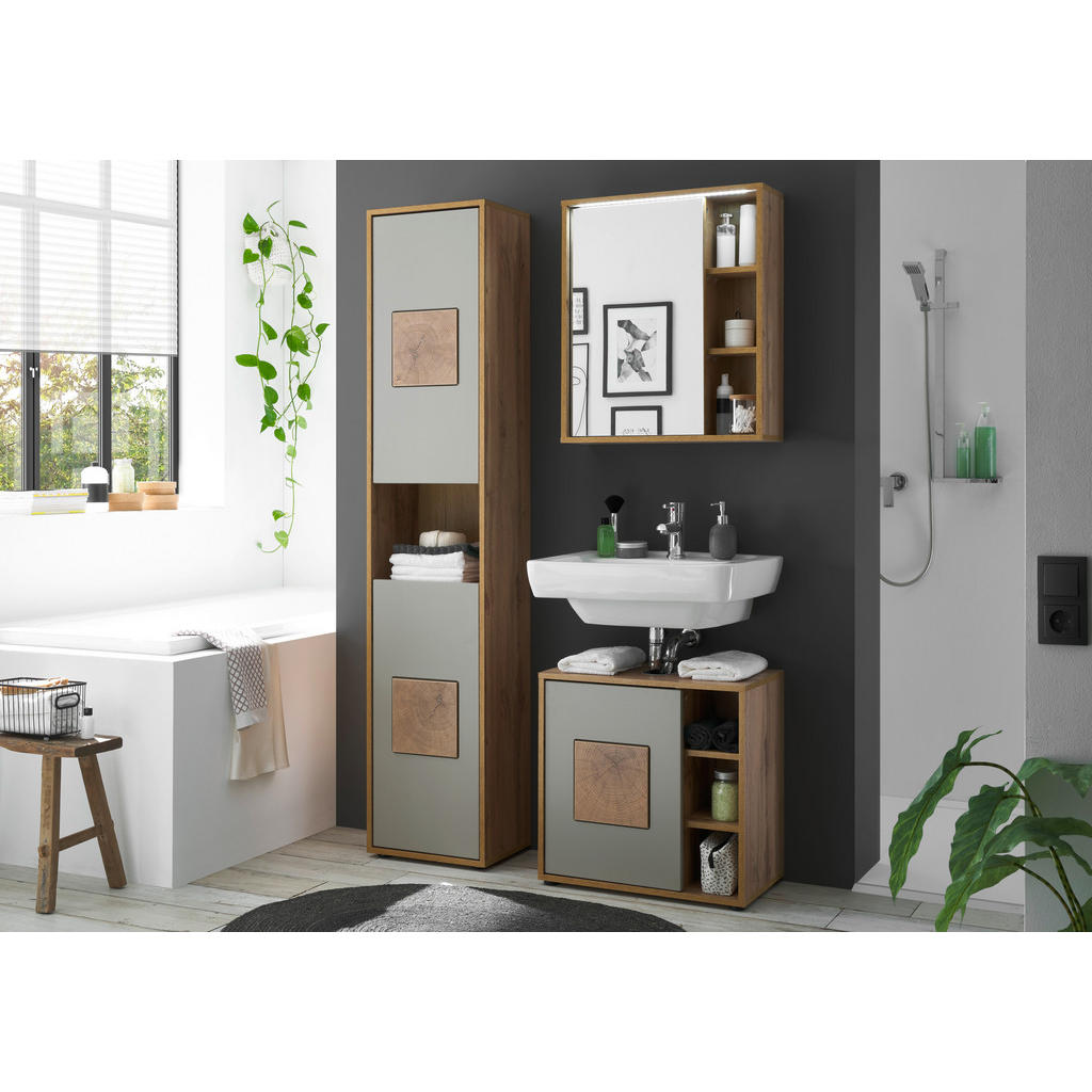 Thumbnail - Mid.you Hochschrank, Hellgrau, Eiche Wotan, Holzwerkstoff, 2 Fächer, 40x190x30 cm, stehend, Badezimmer, Badezimmerschrän...