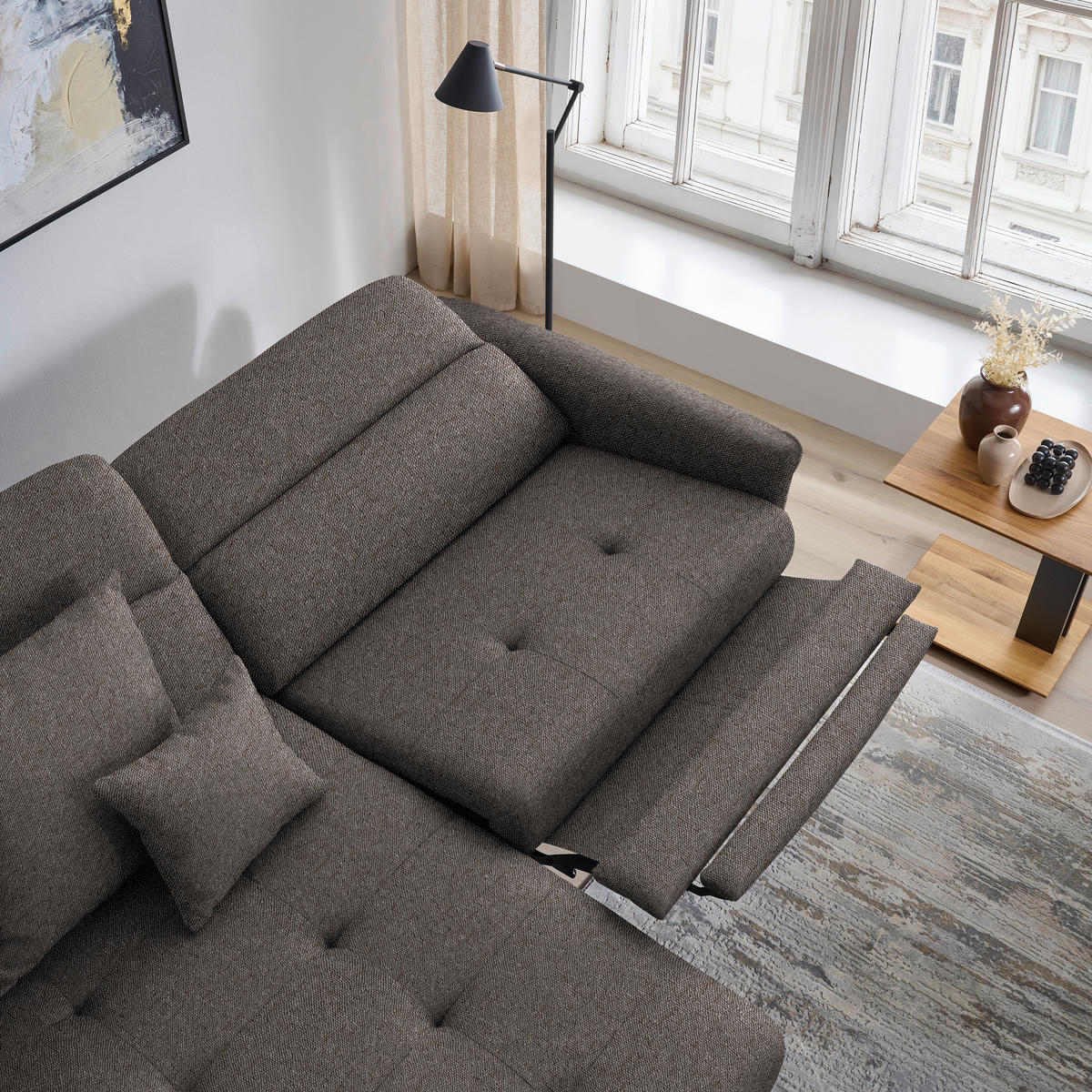 ECKSOFA Flachgewebe Graubraun  - Graubraun/Schwarz, Design, Textil/Metall (175/246cm) - Celina