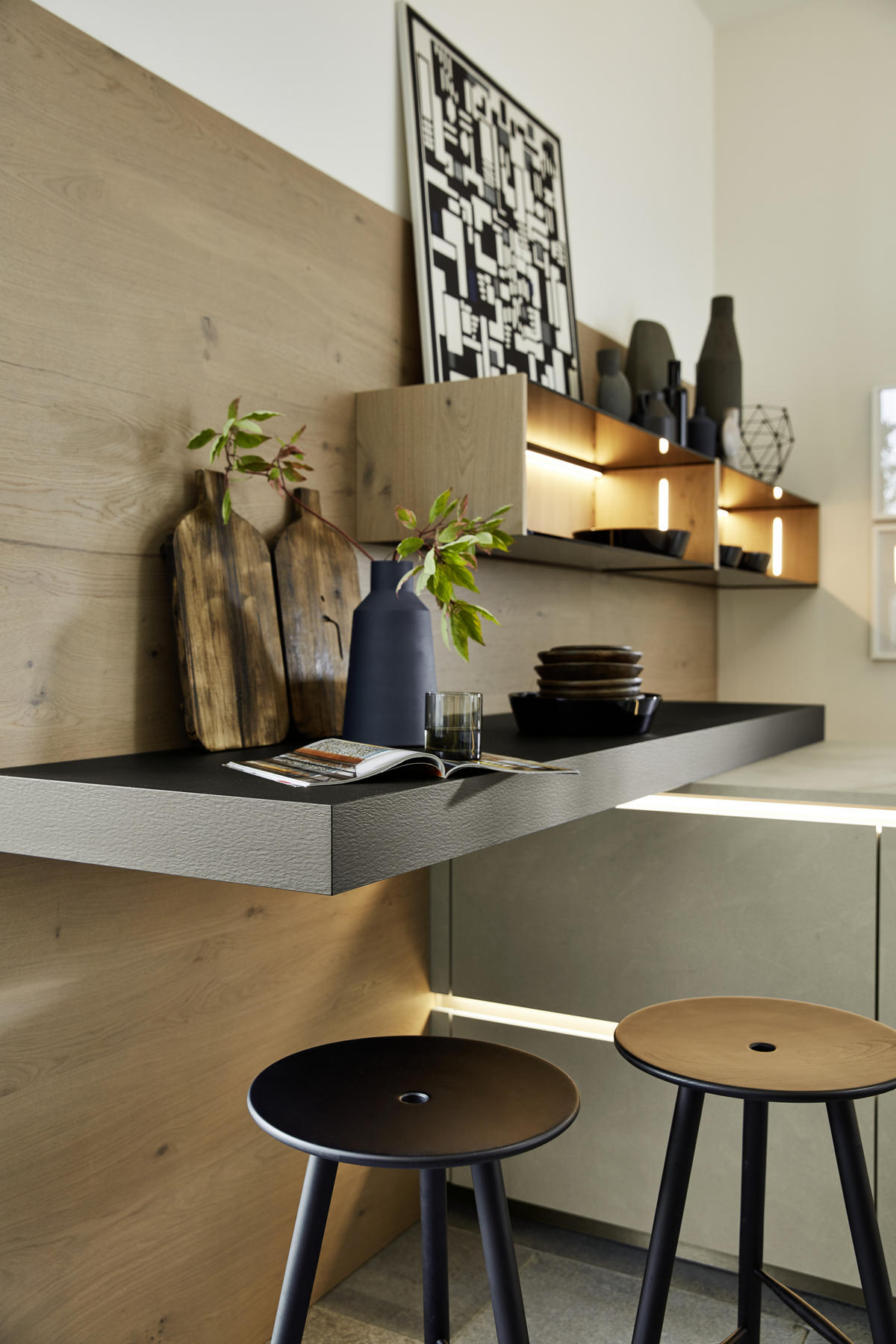 EINBAUKÜCHE   - Eichefarben/Grau, Design, Holzwerkstoff/Stein - Dieter Knoll