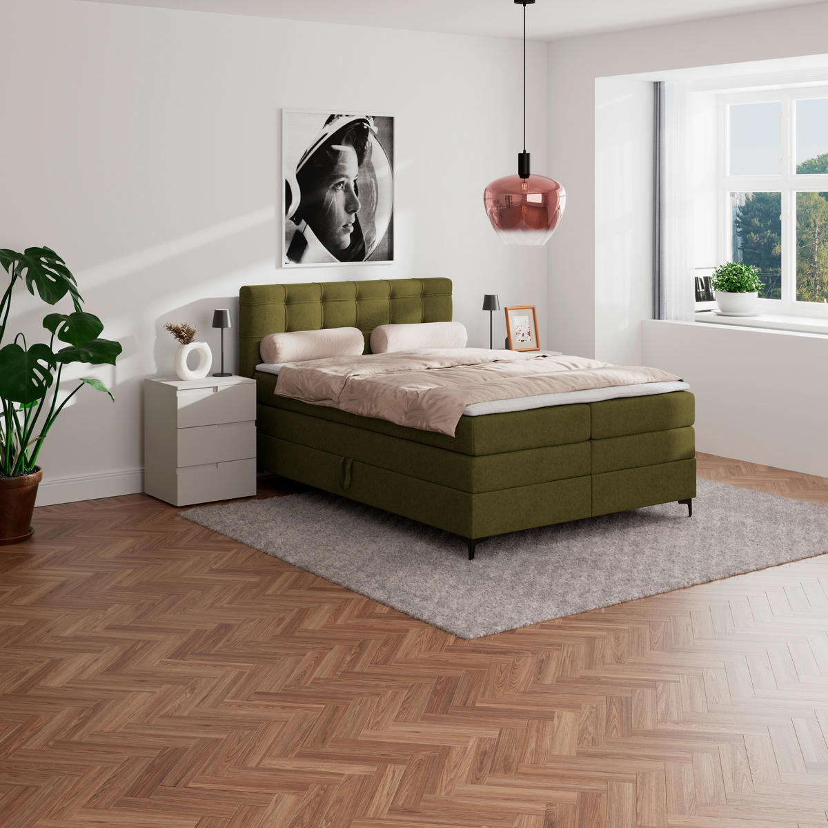 BOXSPRINGBETT 140/200 cm,  in Grün, H3 = fest  - Schwarz/Grün, KONVENTIONELL, Kunststoff/Textil (140/200cm)