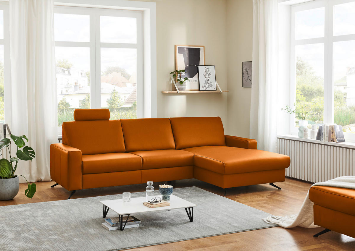ECKSOFA in Echtleder Orange  267/165 cm  - Schwarz/Orange, Design, Leder/Metall (267/165cm) - Lomoco