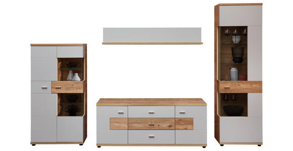 WOHNWAND in Hellgrau, Eiche Artisan, Wildeiche 320/202/48 cm - Wildeiche/Hellgrau, Design, Glas/Holz (320/202/48cm) - Novel