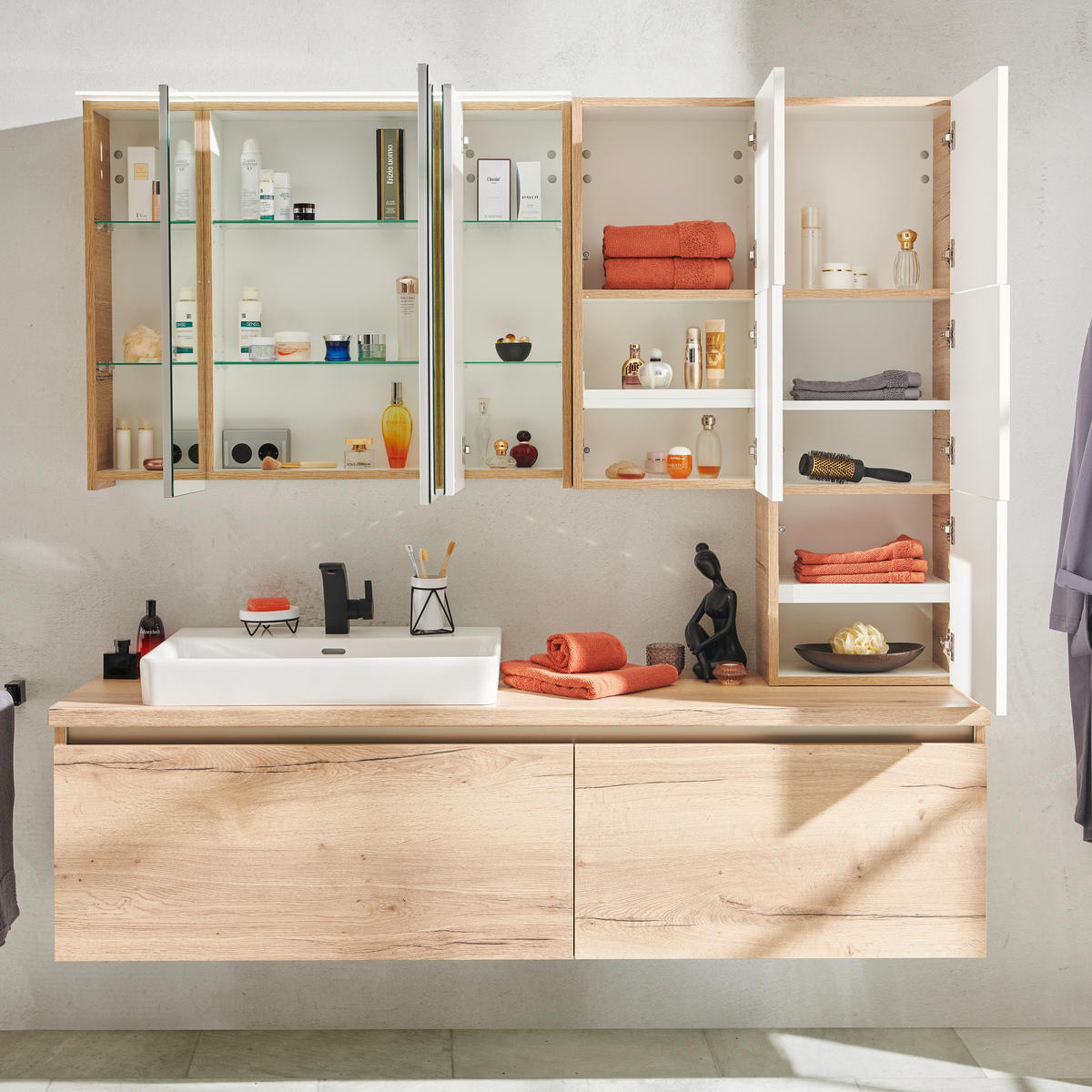 BADEZIMMER  in 180 cm  - Edelstahlfarben/Eichefarben, KONVENTIONELL, Glas/Holzwerkstoff (180cm) - Moderano