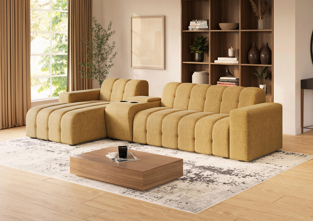 ECKSOFA Bernsteinfarben Chenille Stauraum, Getränkehalter  - Bernsteinfarben/Schwarz, MODERN, Kunststoff/Textil (150/299cm) - Milino