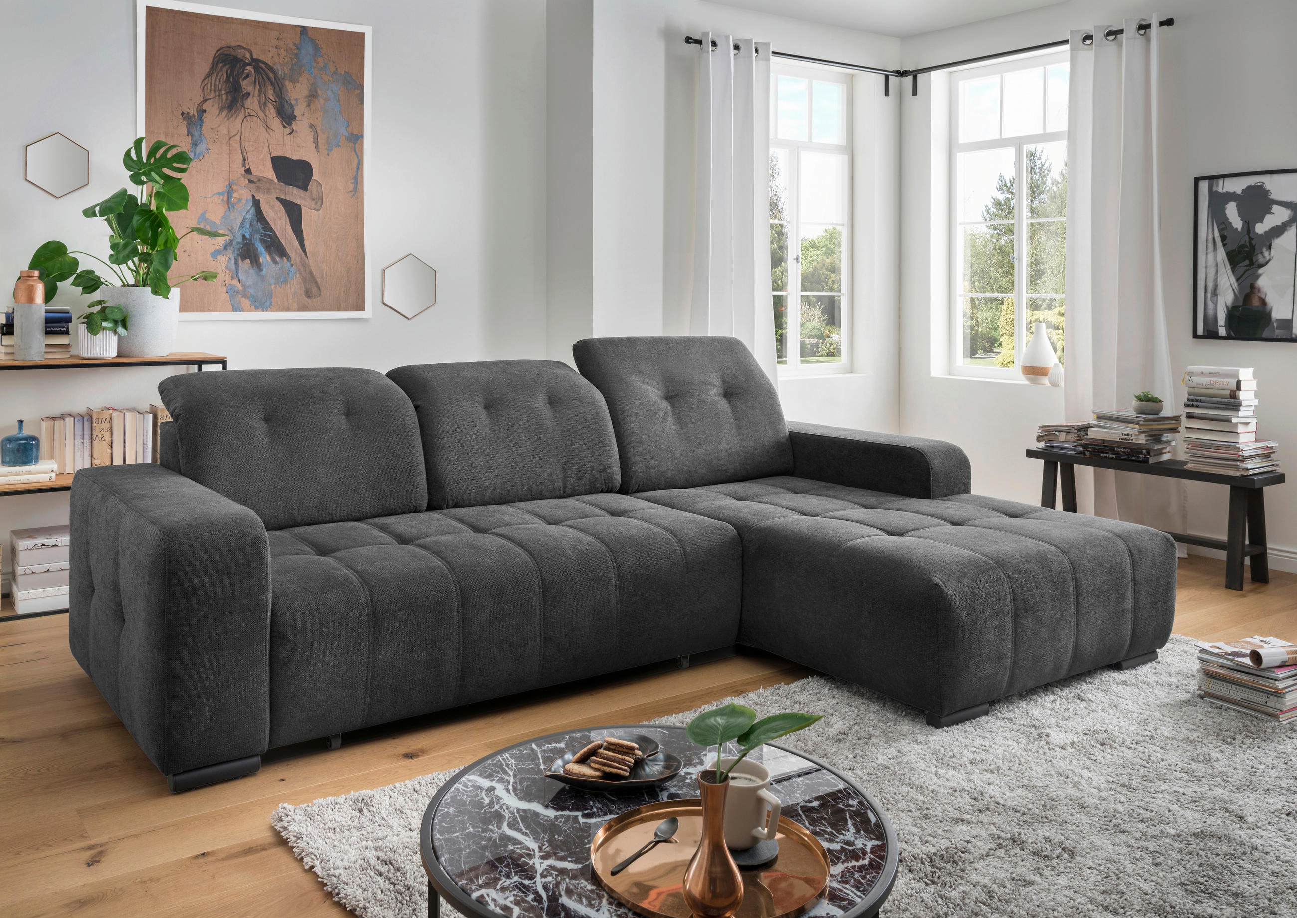 ECKSOFA VICARI Anthrazit Mikrofaser Kopfteilverstellung, Sitzvorzug  - Anthrazit/Schwarz, MODERN, Textil/Metall (292/185cm) - Livetastic