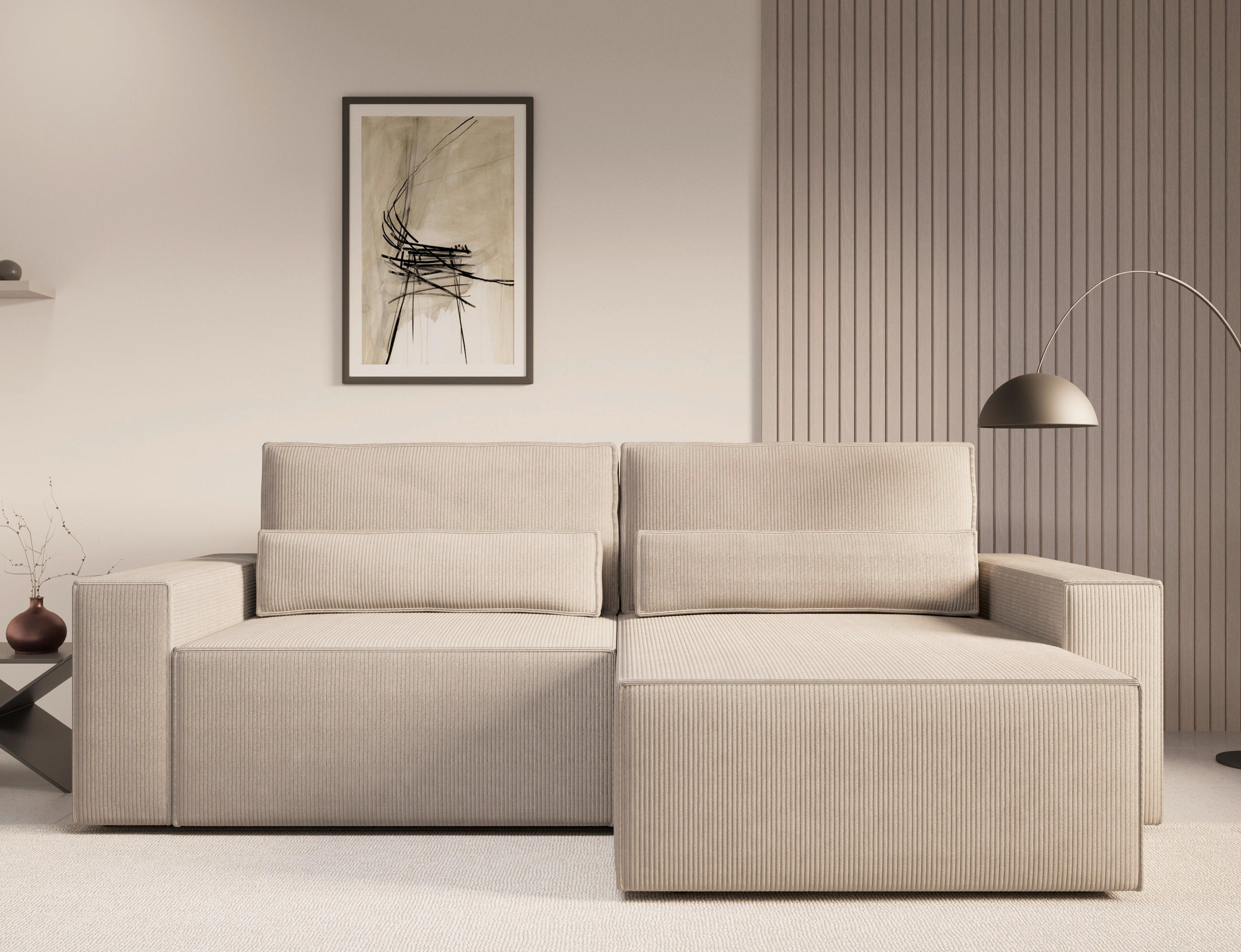 ECKSOFA BRAZIL MINI L Hellbraun Cord Rückenkissen, Schlaffunktion, Stauraum  - Hellbraun/Schwarz, Design, Textil (248/162cm) - MID.YOU