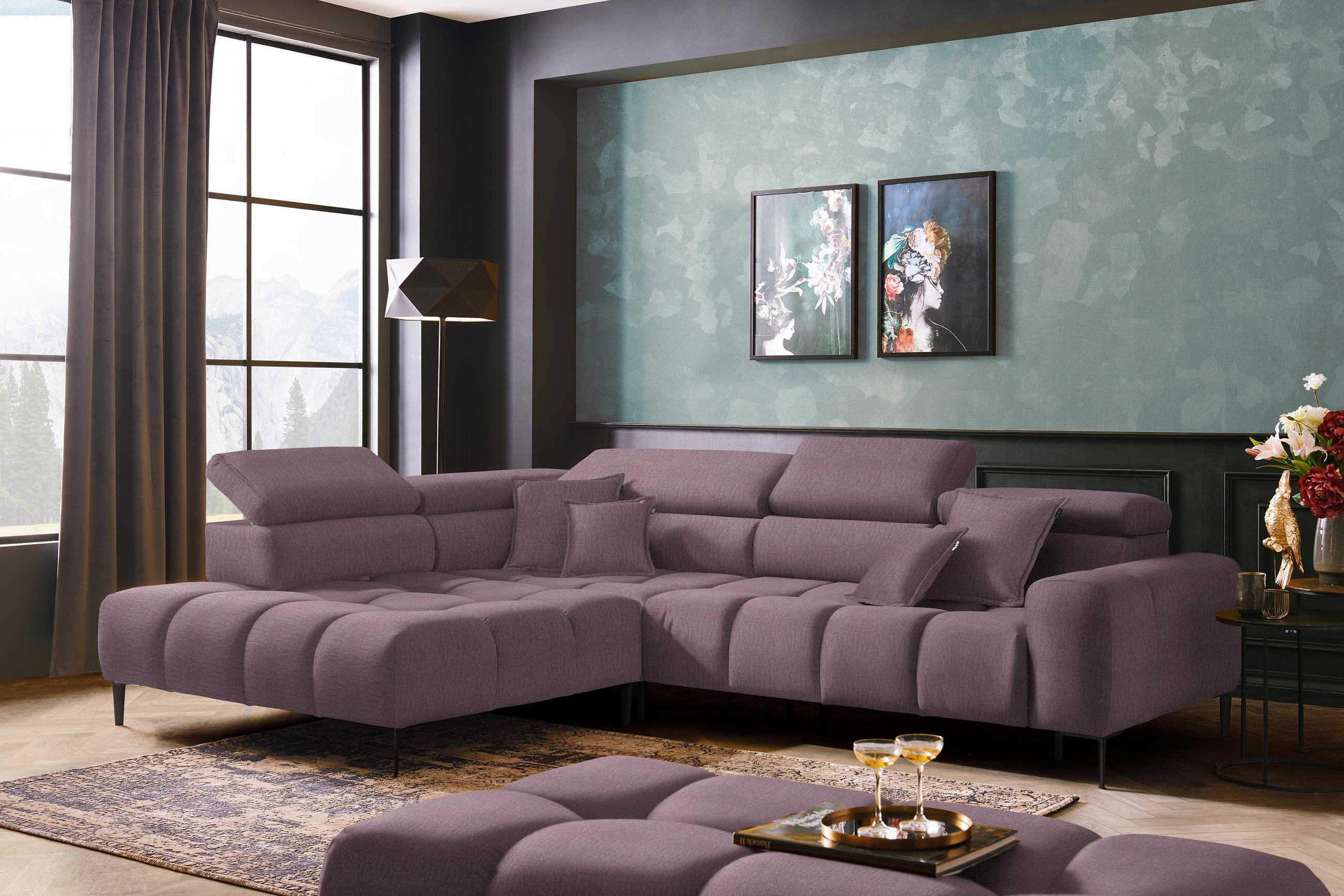 ECKSOFA Flieder Samt, Webstoff  - Flieder/Schwarz, Design, Textil/Metall (216/300cm) - Welnova