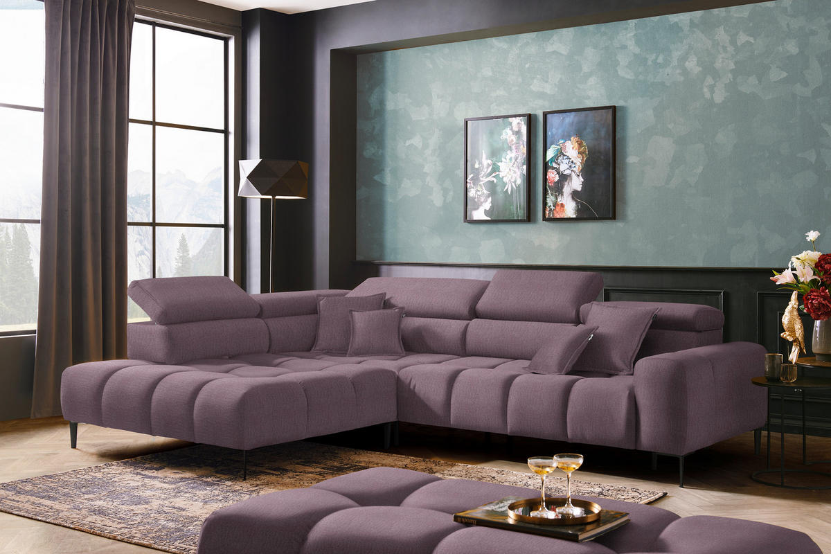 ECKSOFA in Samt, Webstoff Flieder  - Flieder/Schwarz, Design, Textil/Metall (216/300cm) - Welnova