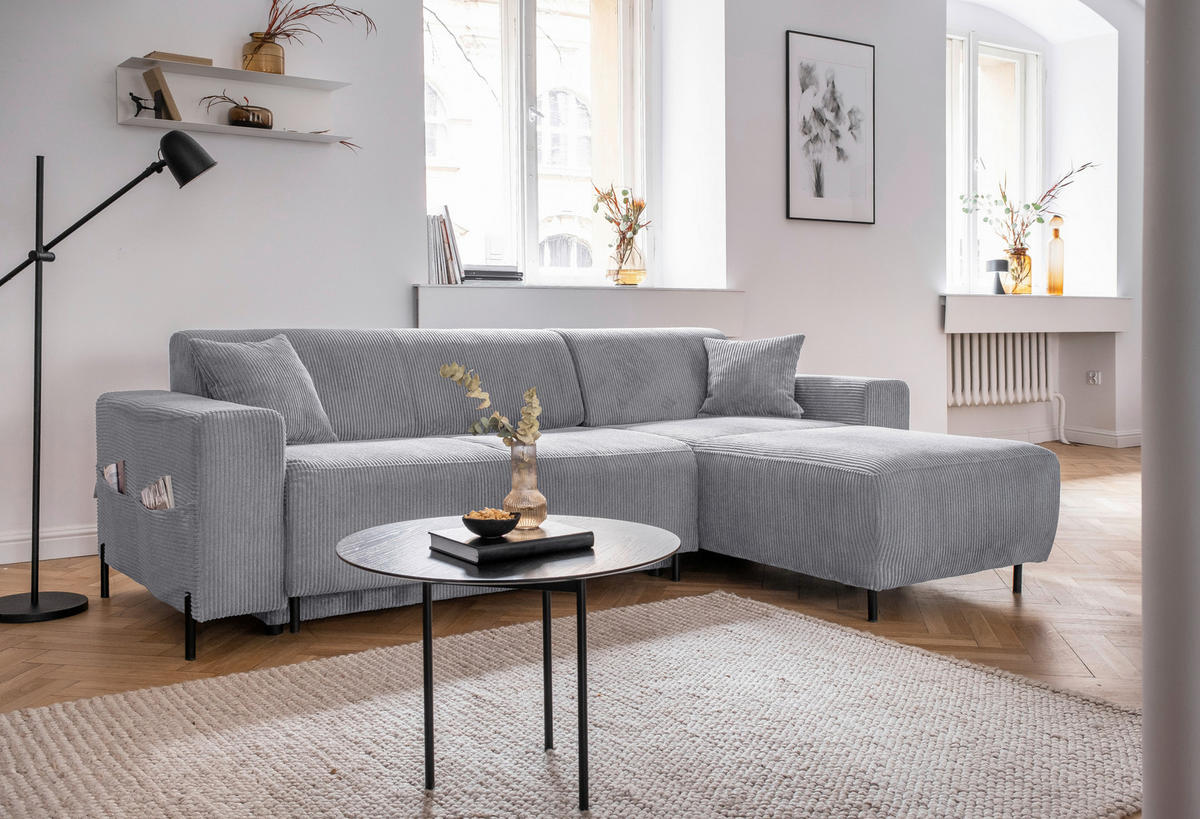 ECKSOFA in Cord Hellgrau  - Hellgrau/Schwarz, Textil/Metall (260/165cm) - MID.YOU