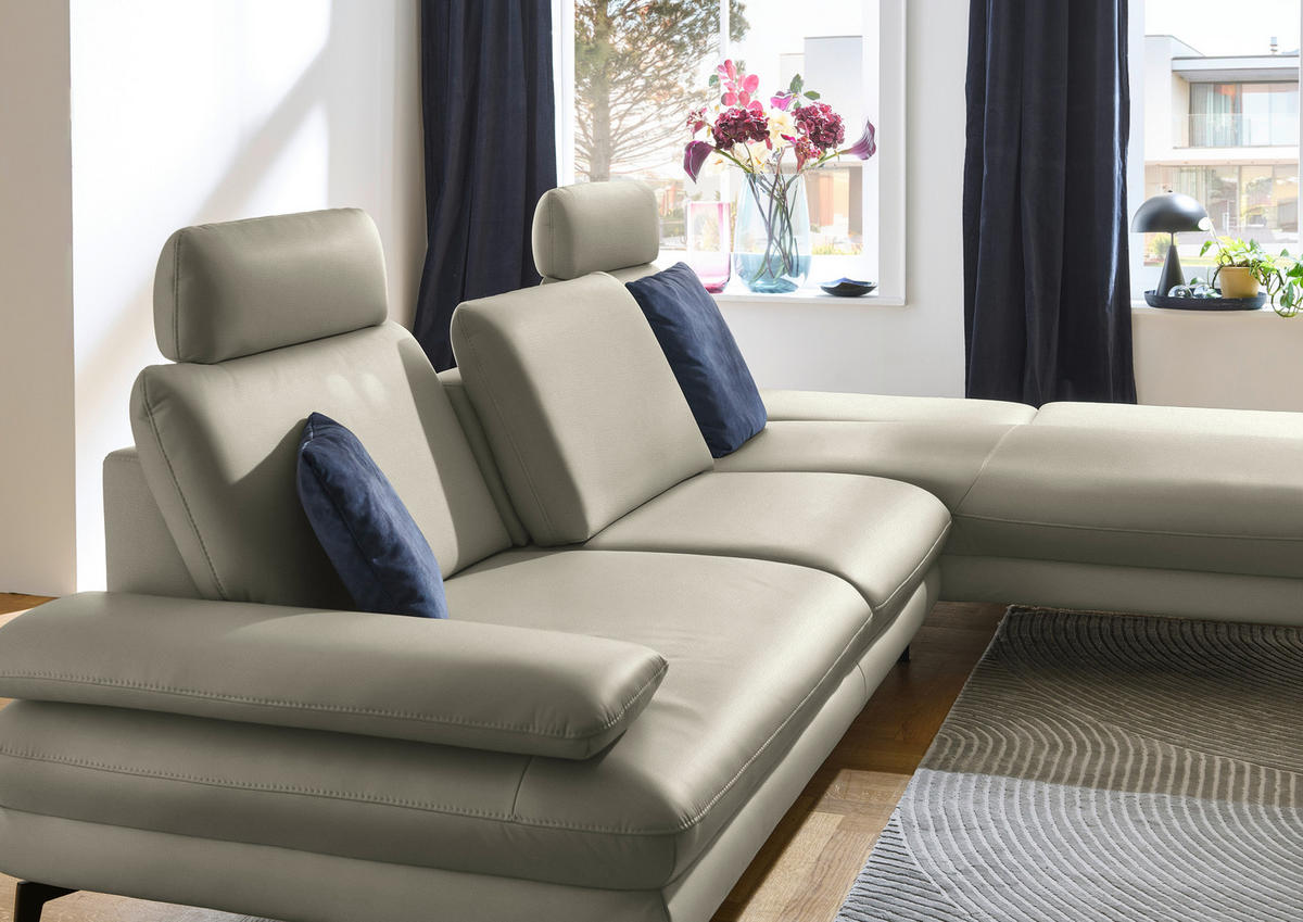 ECKSOFA in Echtleder Hellgrau  - Hellgrau/Schwarz, Design, Leder/Metall (308/195cm) - Dieter Knoll
