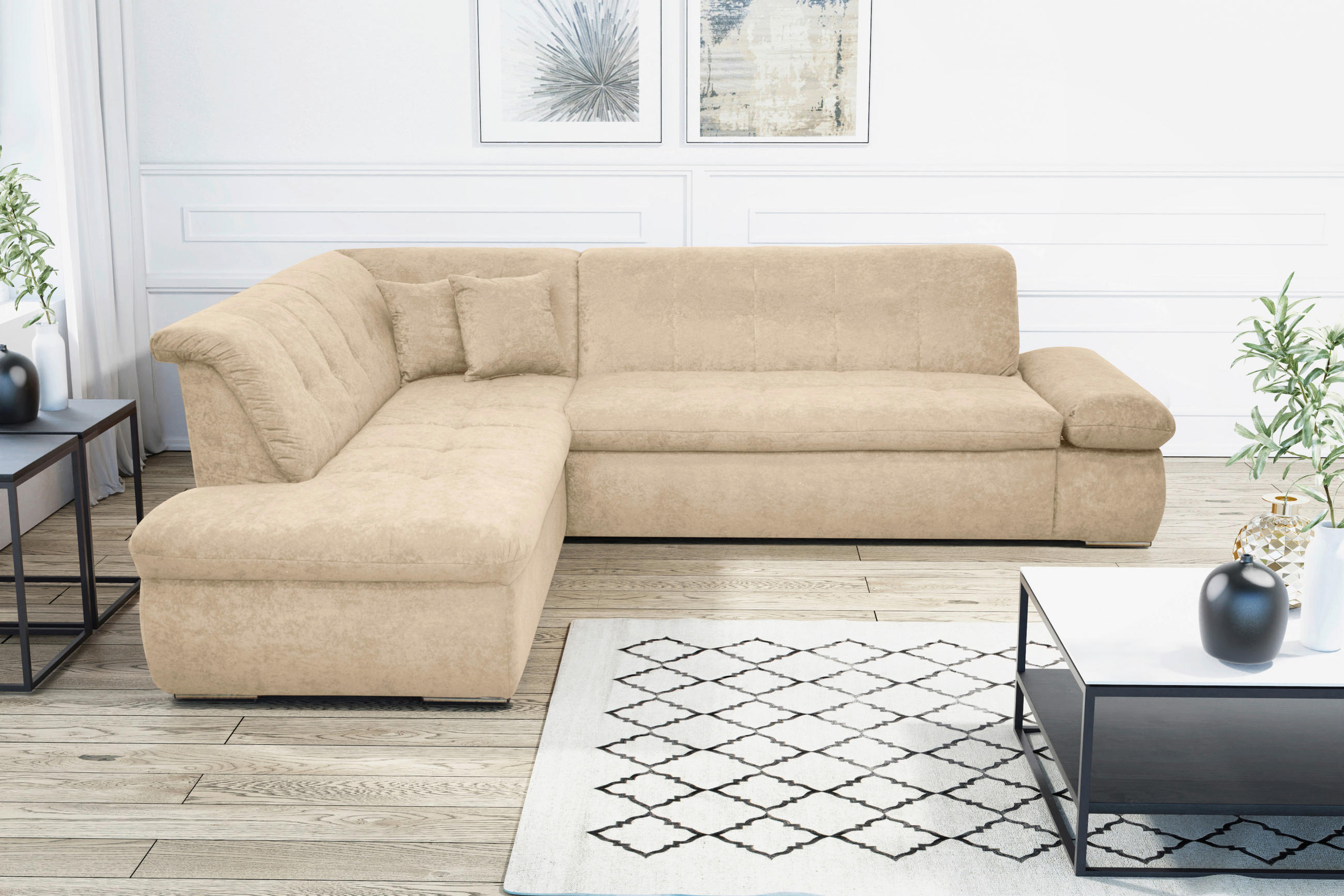 ECKSOFA in Mikrofaser Beige  216/273 cm  - Chromfarben/Beige, KONVENTIONELL, Textil/Metall (216/273cm) - MID.YOU