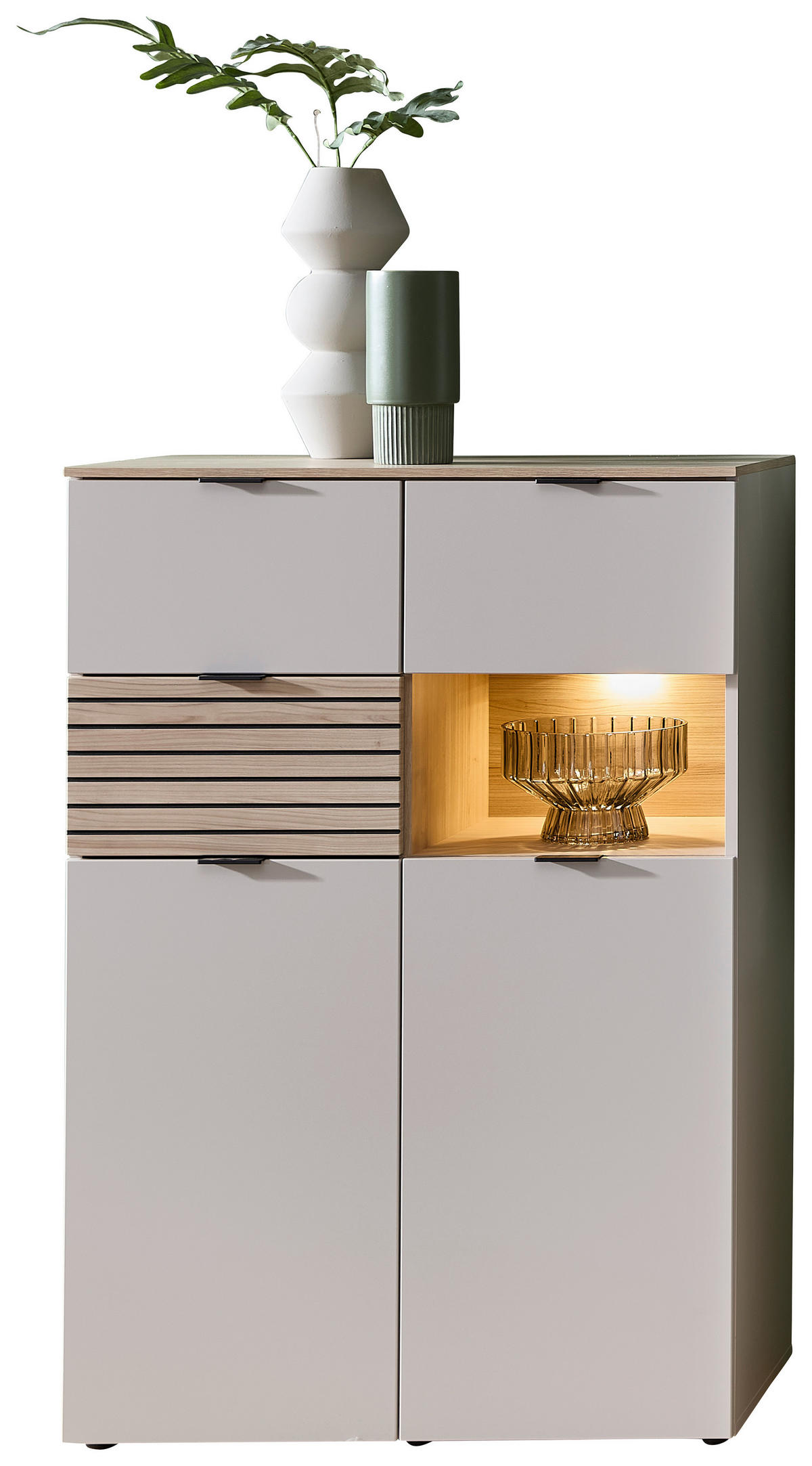 FÉLMAGAS SZEKRÉNY 84/125/45 cm  - kasmírszínű/tölgyfa színű, Modern, faalapú anyag/fém (84/125/45cm) - Hom`in