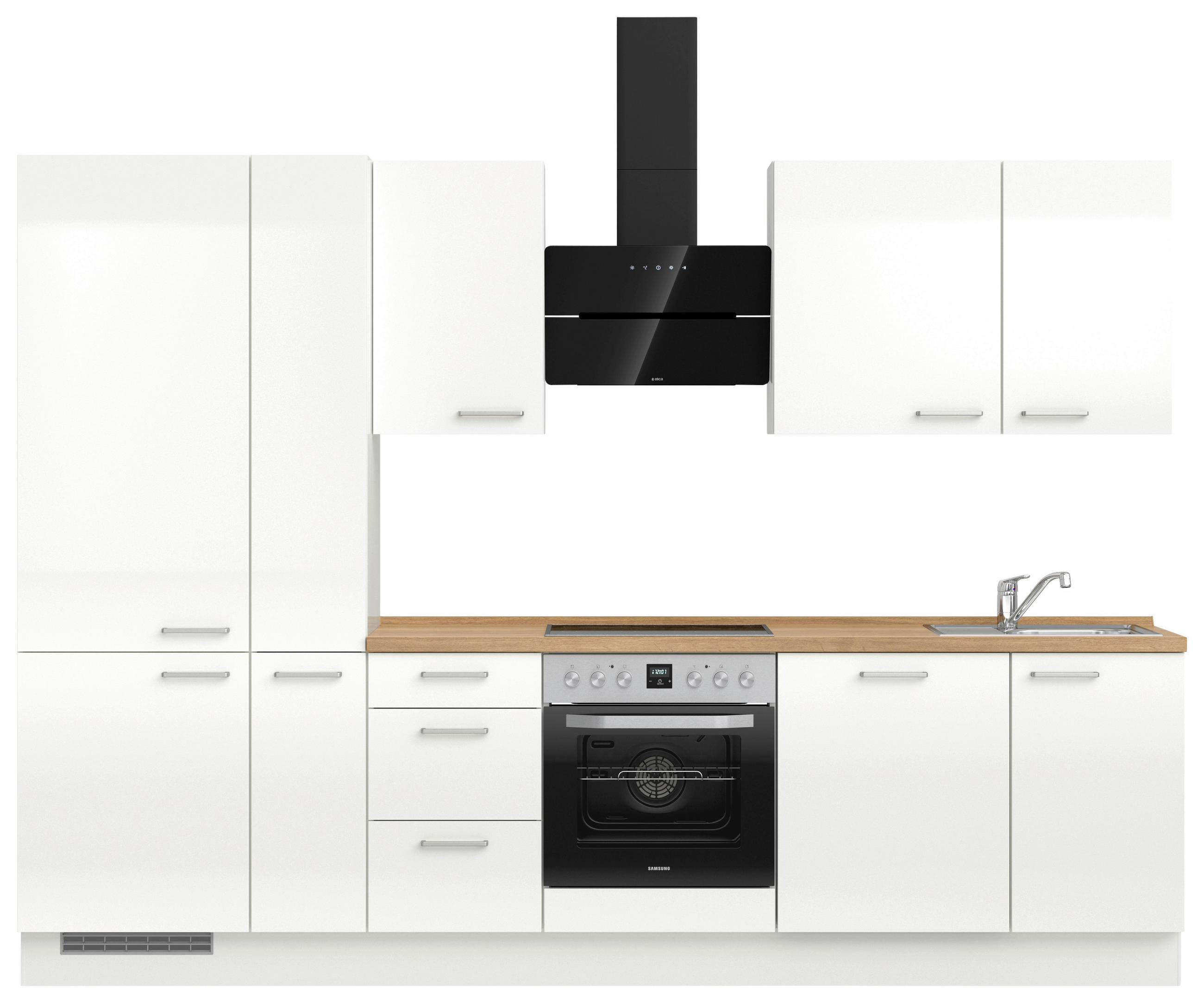 KÜCHENBLOCK 300 cm   in Eichefarben, Weiß Hochglanz  - Edelstahlfarben/Eichefarben, MODERN, Holzwerkstoff/Metall (300cm) - Nobilia