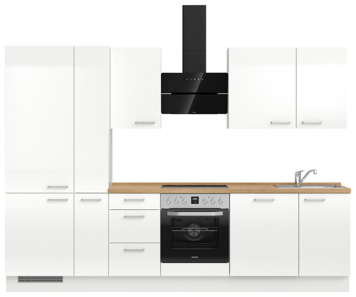 KÜCHENBLOCK 300 cm   in Eichefarben, Weiß Hochglanz  - Edelstahlfarben/Eichefarben, MODERN, Holzwerkstoff/Metall (300cm) - Nobilia