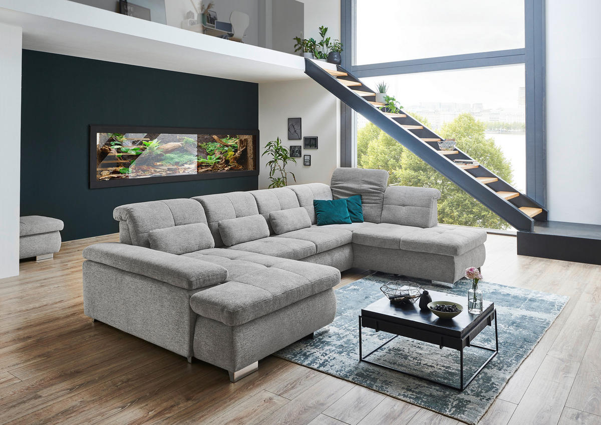 WOHNLANDSCHAFT Hellgrau Webstoff  - Hellgrau/Schwarz, Design, Textil/Metall (210/337/174cm) - Beldomo Style