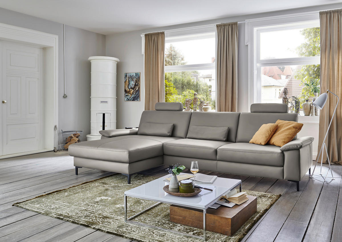 ECKSOFA Echtleder Hellgrau  - Hellgrau/Schwarz, Design, Leder/Metall (176/334cm) - Dieter Knoll