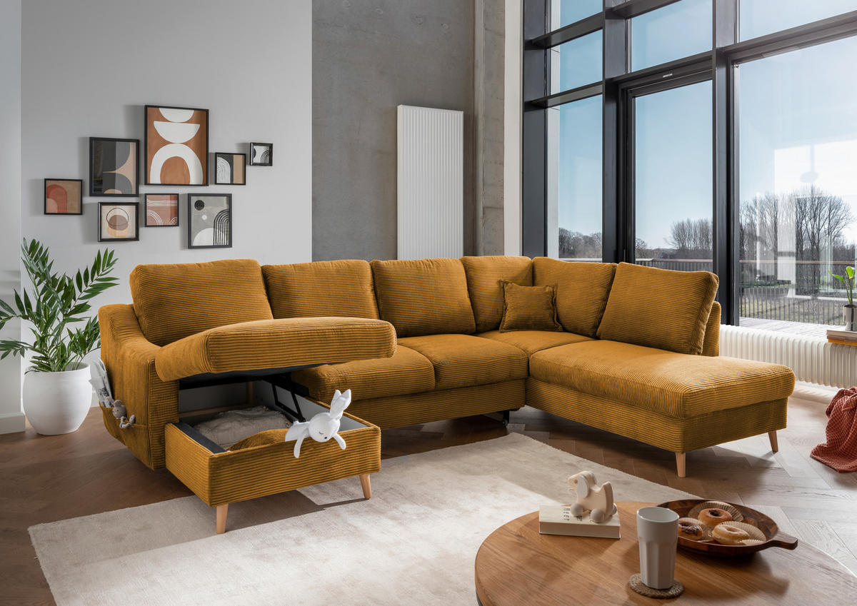 WOHNLANDSCHAFT Cord Goldfarben  - Goldfarben/Naturfarben, Konventionell, Holz/Textil (150/301/200cm) - P & B