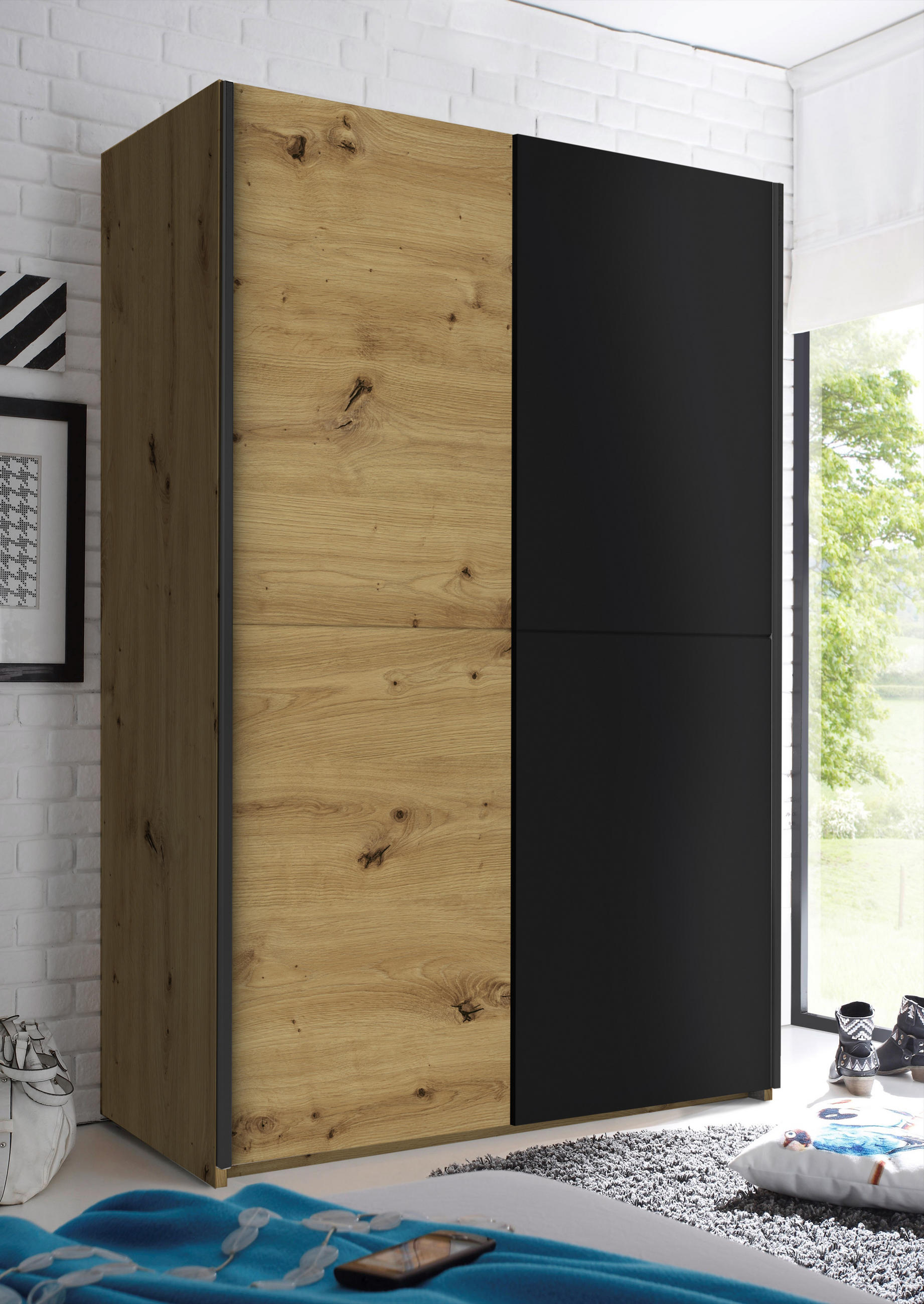 SCHWEBETÜRENSCHRANK  in Schwarz, Eichefarben  - Eichefarben/Schwarz, Basics, Holzwerkstoff/Metall (125/195,5/38cm) - P & B