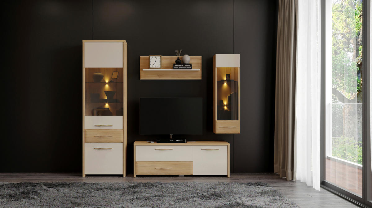 VISEČA VITRINA, bež - bež, Design, kovina/steklo (35/115/30cm) - Hom`in