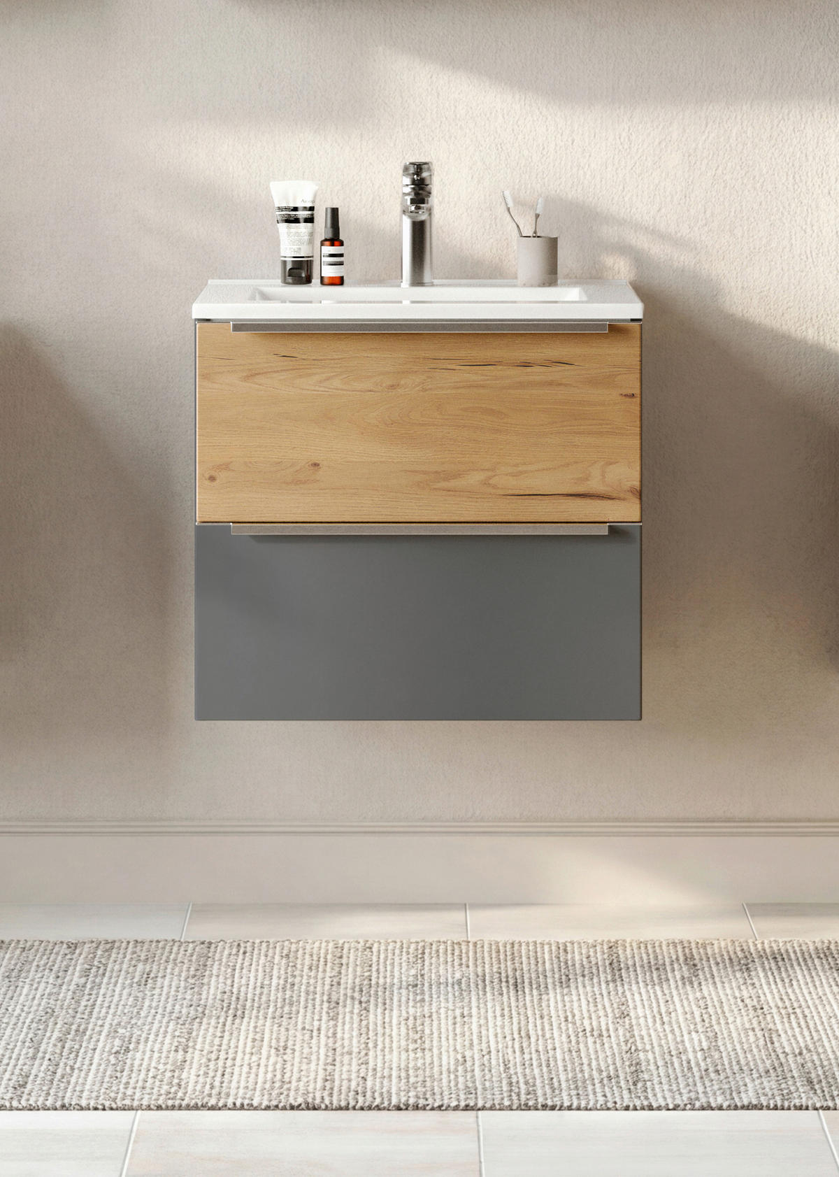 WASCHTISCHKOMBI  - Wildeiche/Edelstahlfarben, Trend, Holzwerkstoff/Stein (60/54/47cm) - Held