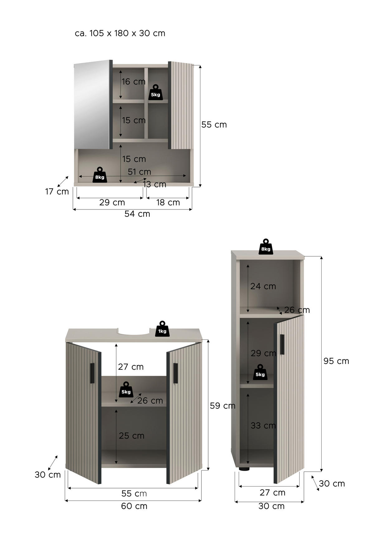 BADEZIMMER 3-teilig  in 90 cm  - Kaschmir/Schwarz, Trend, Glas/Holzwerkstoff (90cm) - MID.YOU