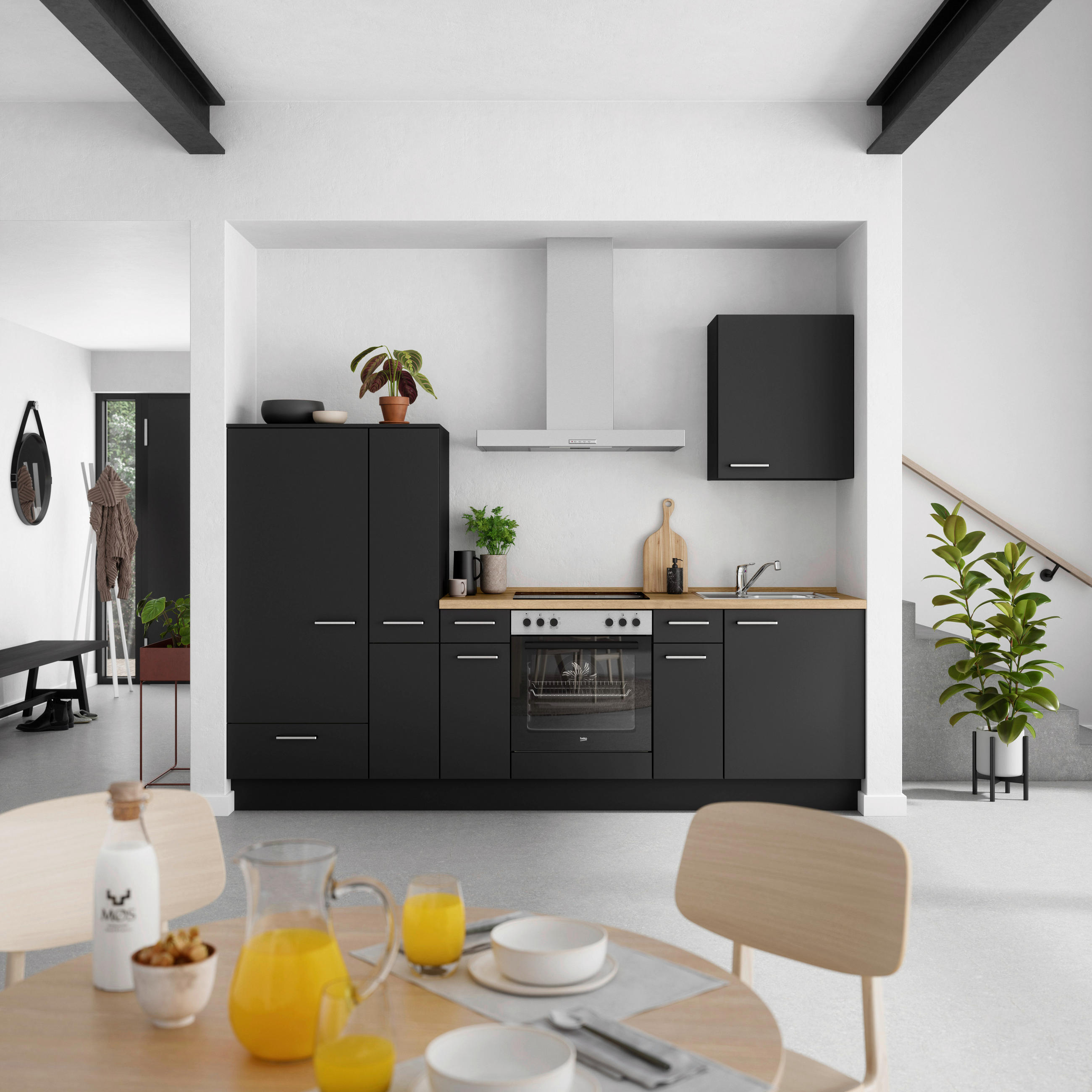 KÜCHENBLOCK 270 cm   in Schwarz, Eichefarben  - Edelstahlfarben/Eichefarben, MODERN, Holzwerkstoff/Metall (270cm) - Nobilia