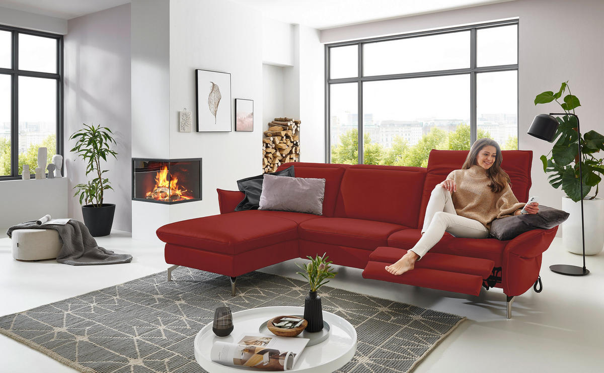 ECKSOFA in Lederlook (vegan) Rot  - Rot/Nickelfarben, Modern, Textil/Metall (179/233cm) - Livetastic