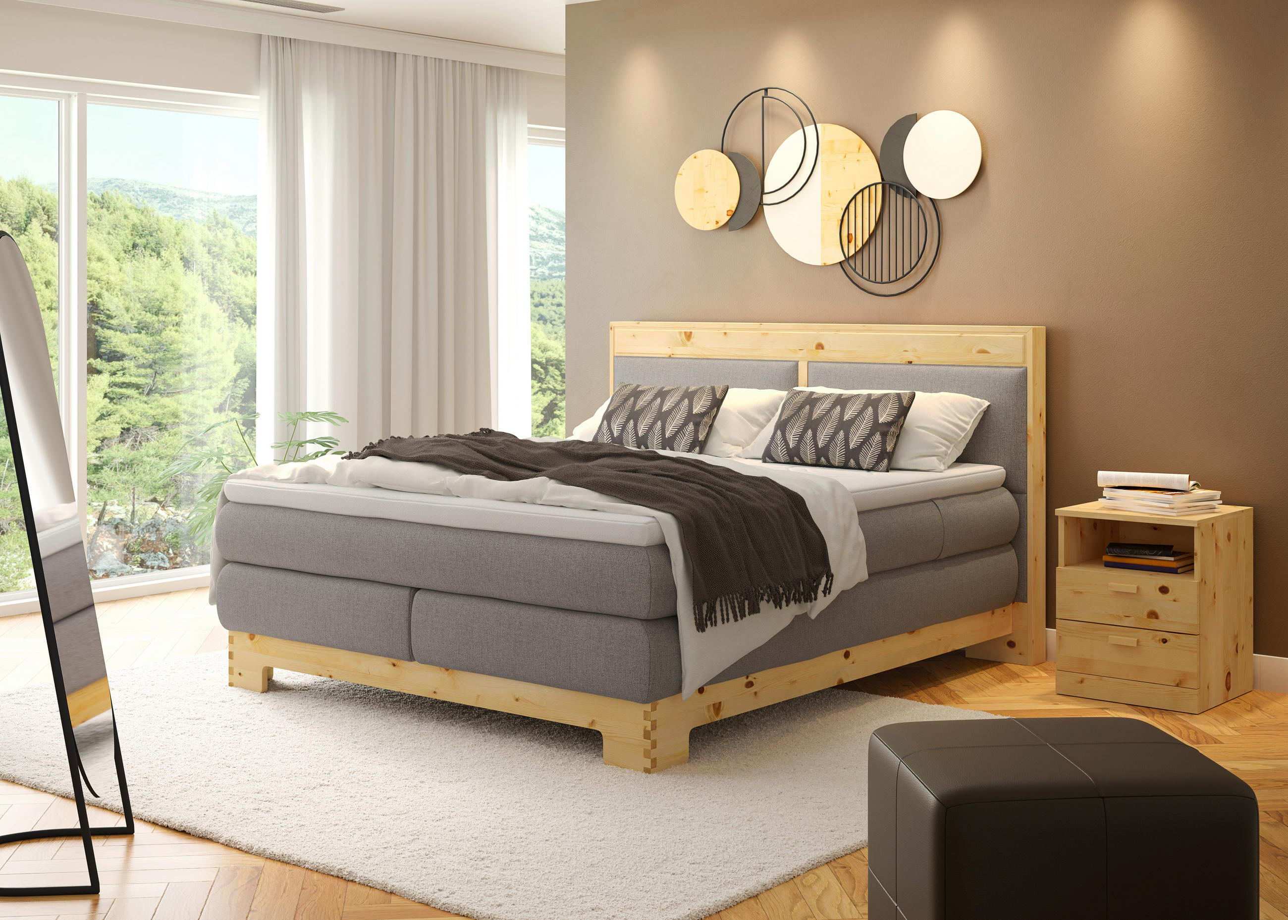 BOXSPRINGBETT 180/200 cm  in Zirbelkieferfarben, Hellgrau  - Zirbelkieferfarben/Hellgrau, Natur, Holz/Textil (180/200cm) - Linea Natura