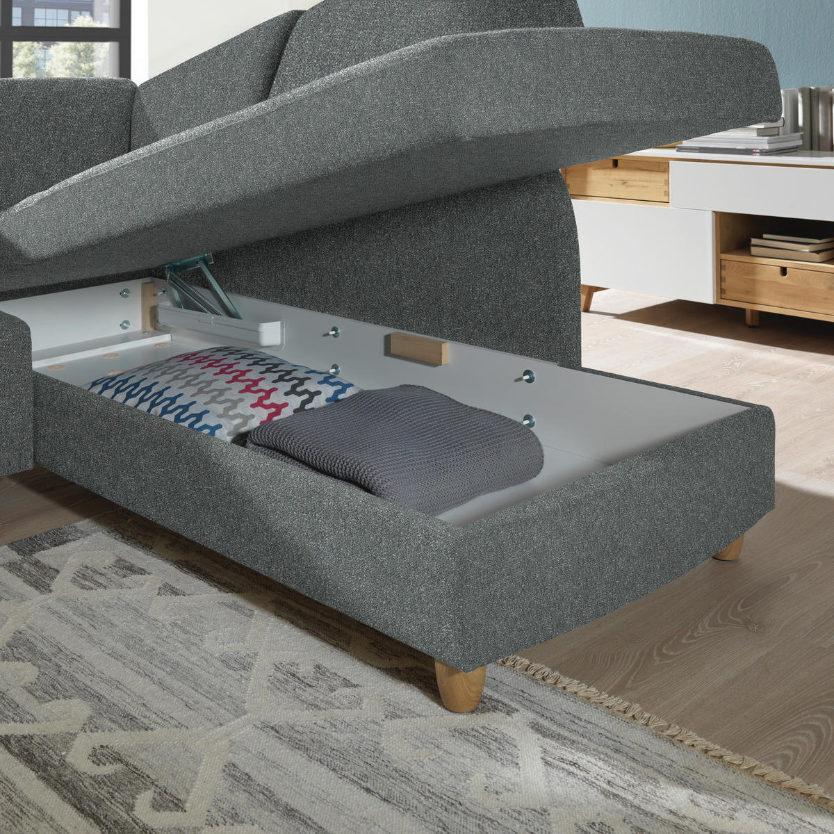 ECKSOFA  in Mikrovelours Graugrün  227/208 cm  - Eichefarben/Rot, KONVENTIONELL, Holz/Textil (227/208cm) - Sedda