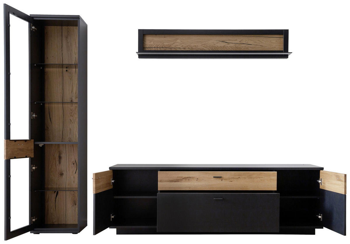 Set Mobilă Living, gri, stejar sălbatic, 250/201/50 cm - stejar sălbatic/negru, Design, sticlă/metal (250/201/50cm) - Novel