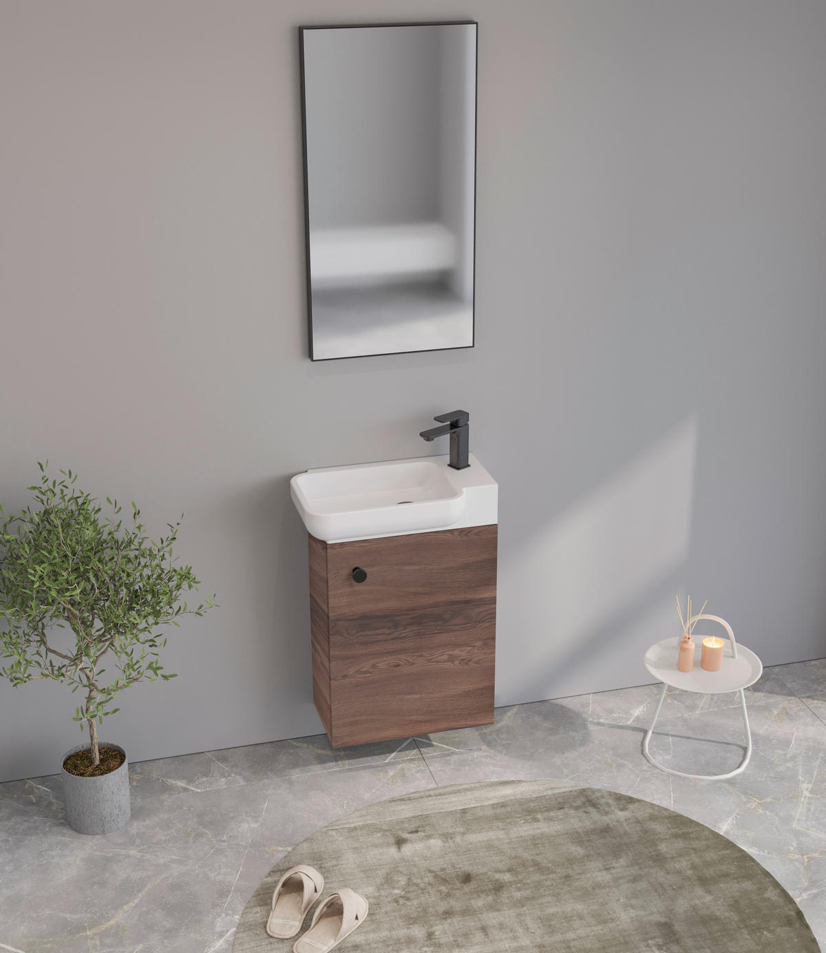 GÄSTEBAD 55 cm  - Weiß Hochglanz/Walnussfarben, MODERN, Keramik/Holzwerkstoff (55cm) - MID.YOU