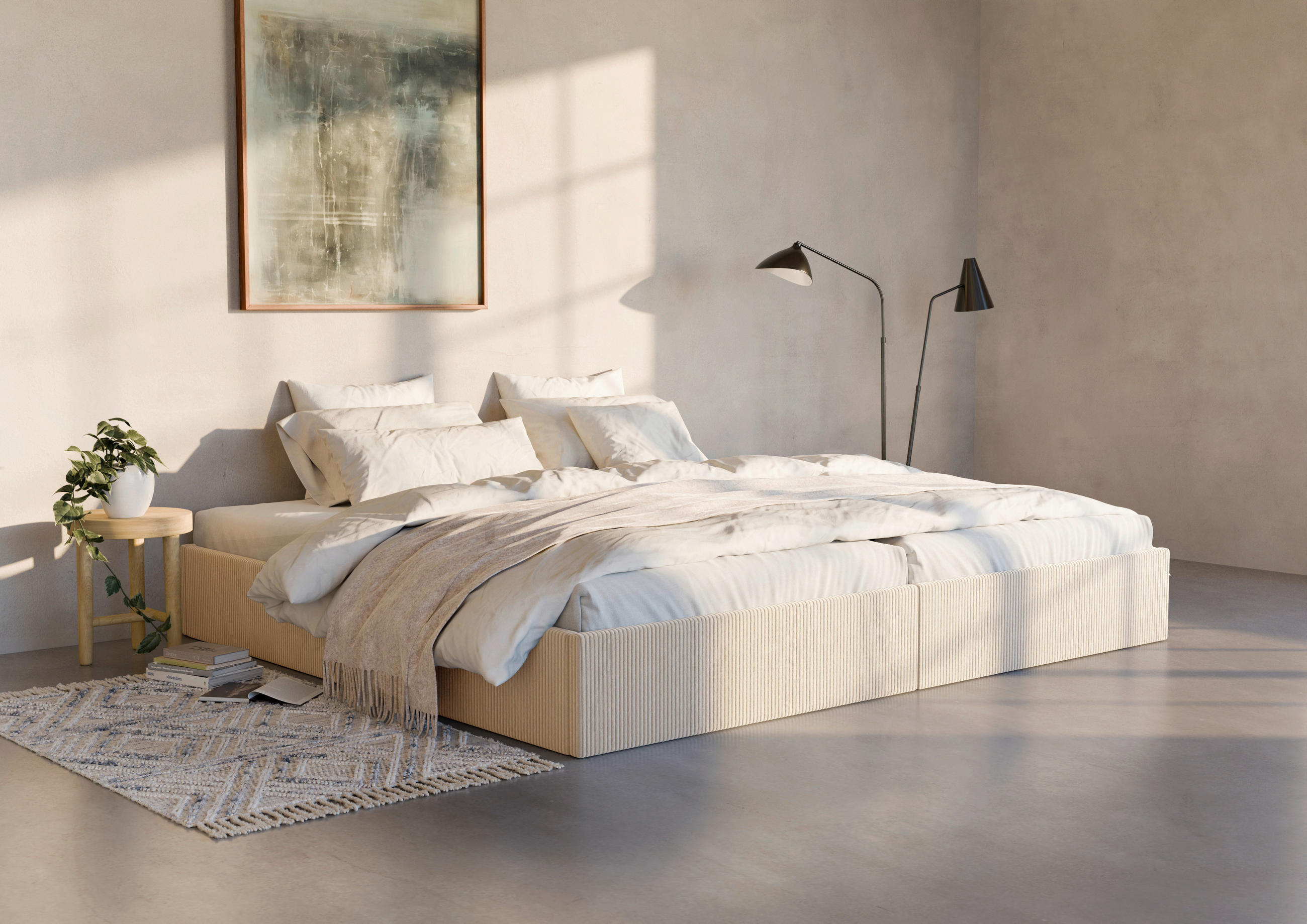 POLSTERBETT 240/200 cm,  in Creme, Lattenrost, Bettkasten,  - Creme/Schwarz, Design, Holz/Textil (240/200cm) - Boxxx