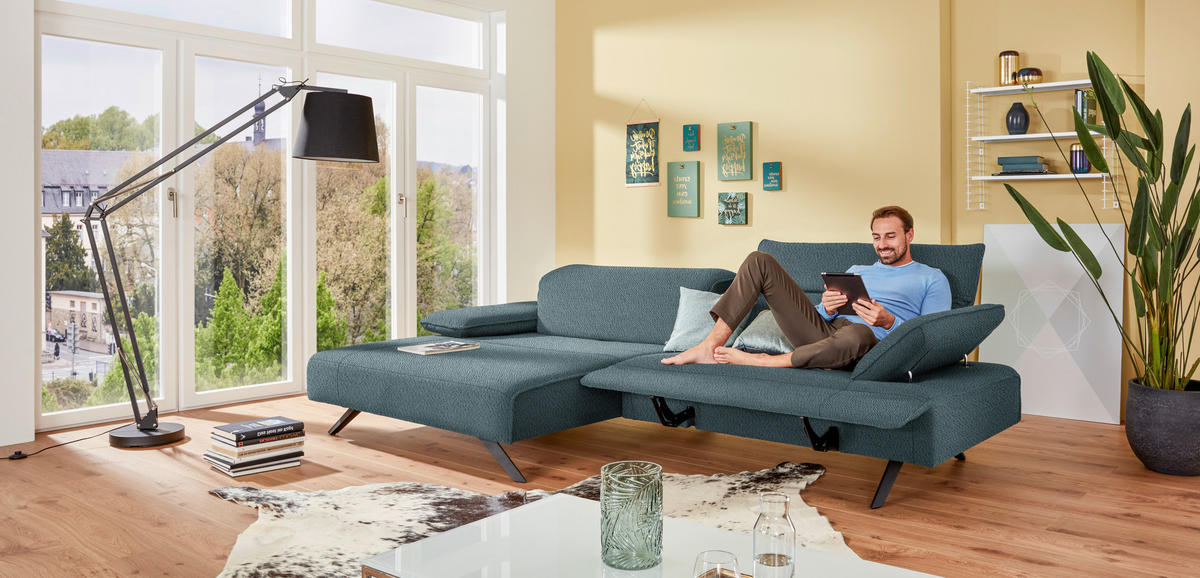 ECKSOFA in Flachgewebe Hellblau  - Anthrazit/Hellblau, Design, Textil/Metall (166/280cm) - Johann Jakob