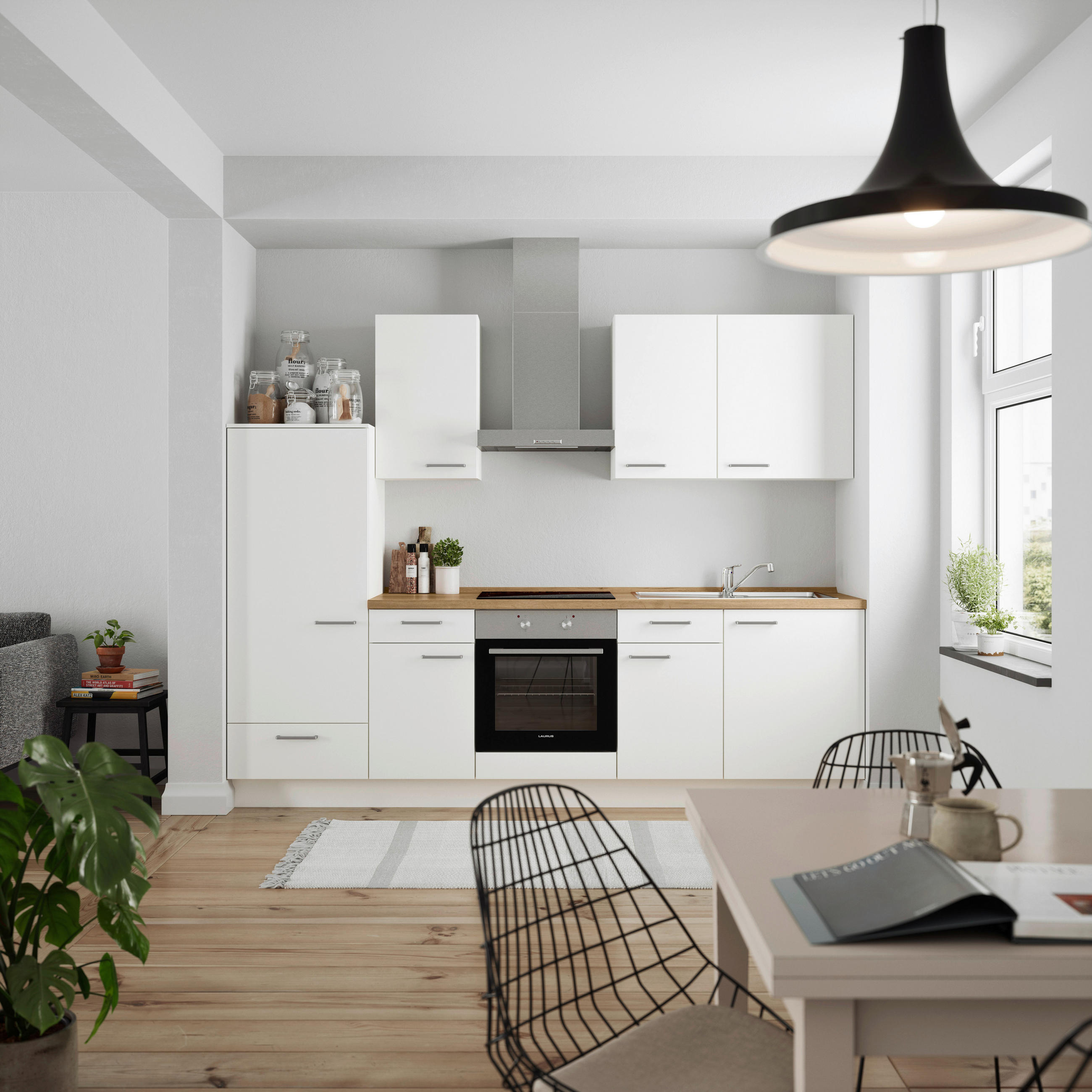 KÜCHENBLOCK 270 cm   in Weiß, Eichefarben  - Edelstahlfarben/Eichefarben, MODERN, Holzwerkstoff/Metall (270cm) - Nobilia