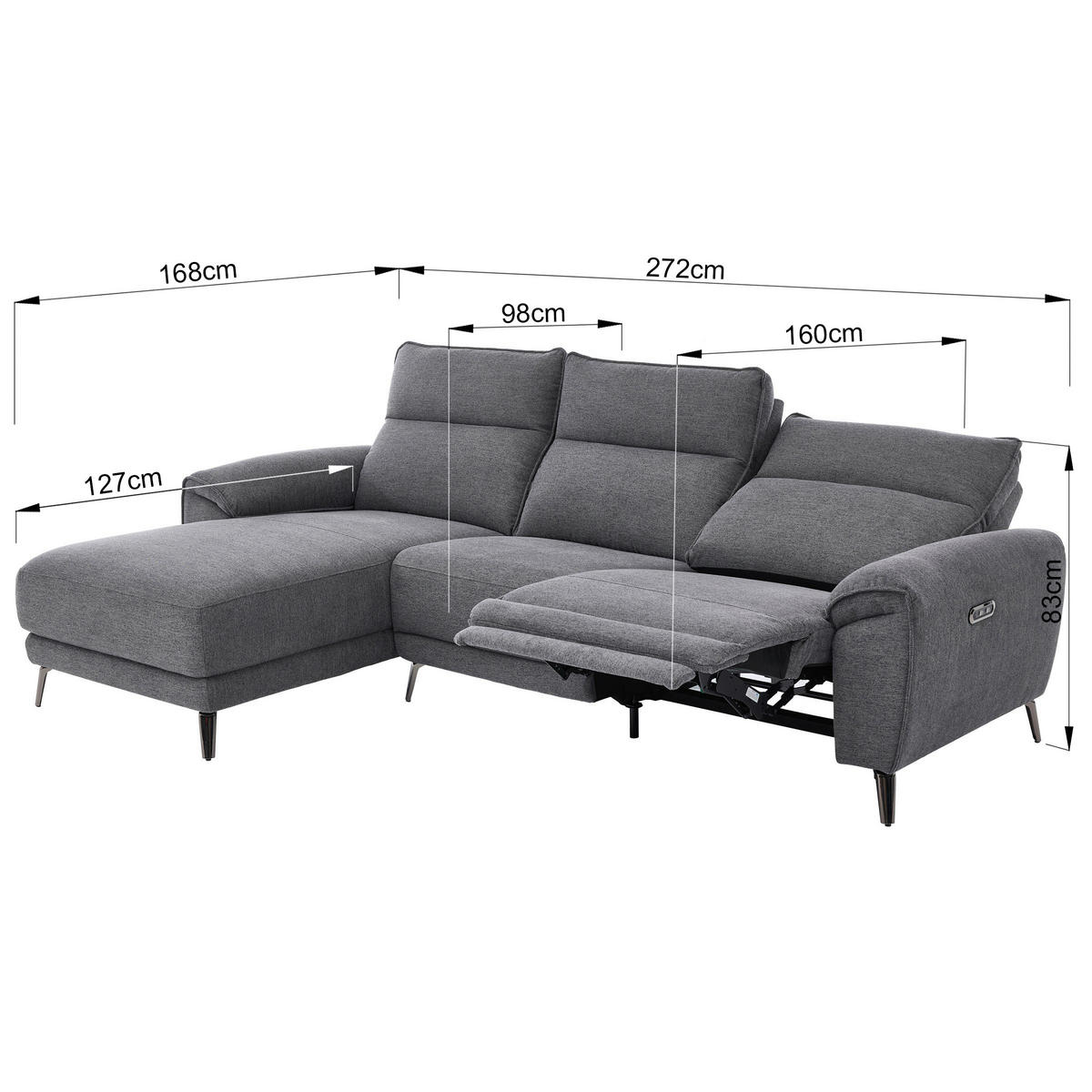 ECKSOFA Dunkelgrau Webstoff  - Chromfarben/Dunkelgrau, Design, Textil/Metall (168/272cm) - Carryhome