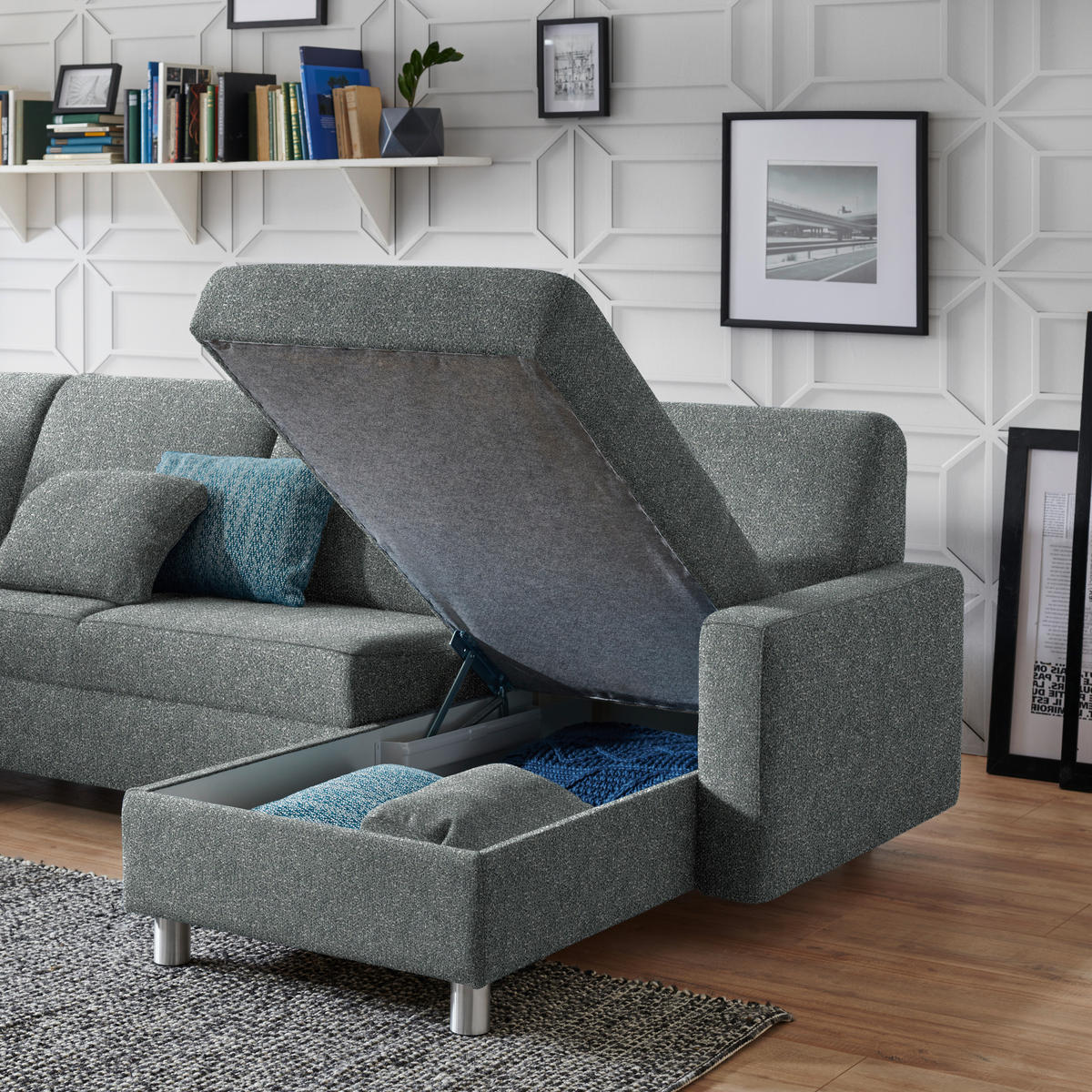 WOHNLANDSCHAFT  in Mikrovelours Graugrün  - Alufarben/Graugrün, KONVENTIONELL, Kunststoff/Textil (236/322/158cm) - Sedda